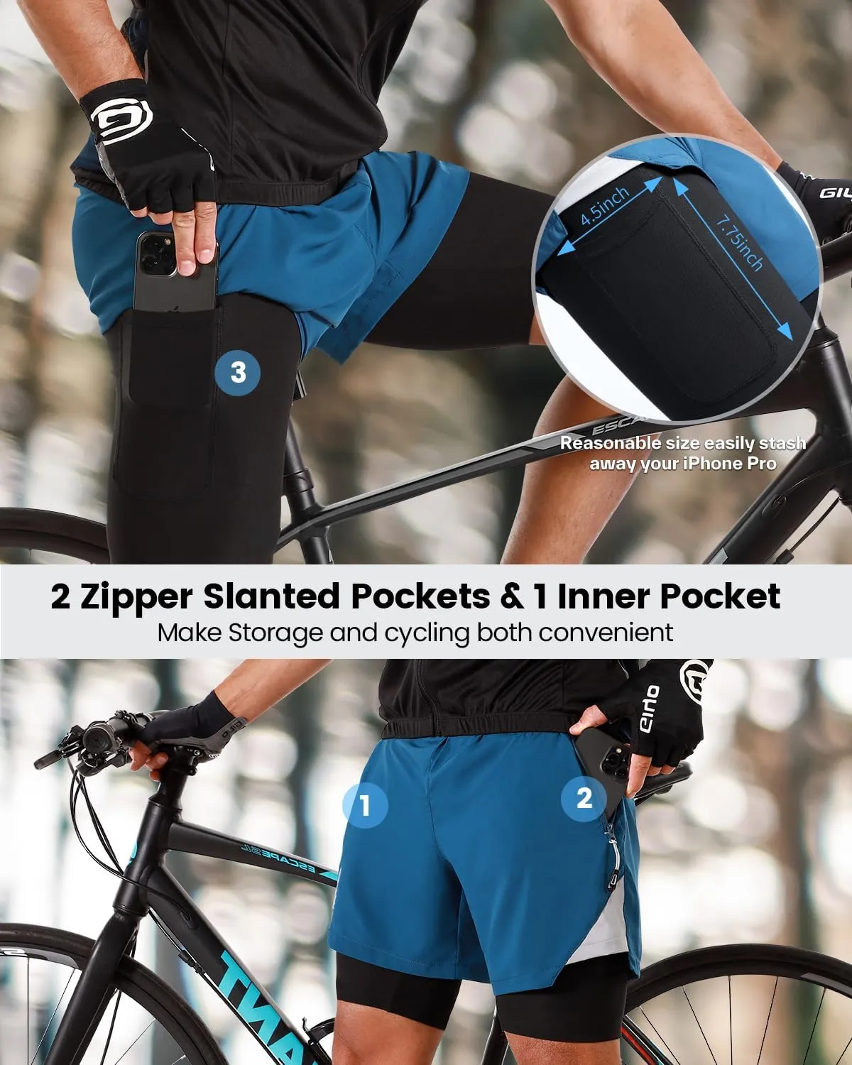Sportneer Bike Shorts for Men - 3D Padded Lightweight MTB Fit Riding Biking Bicycle Biker Shorts with Zipper Pockets