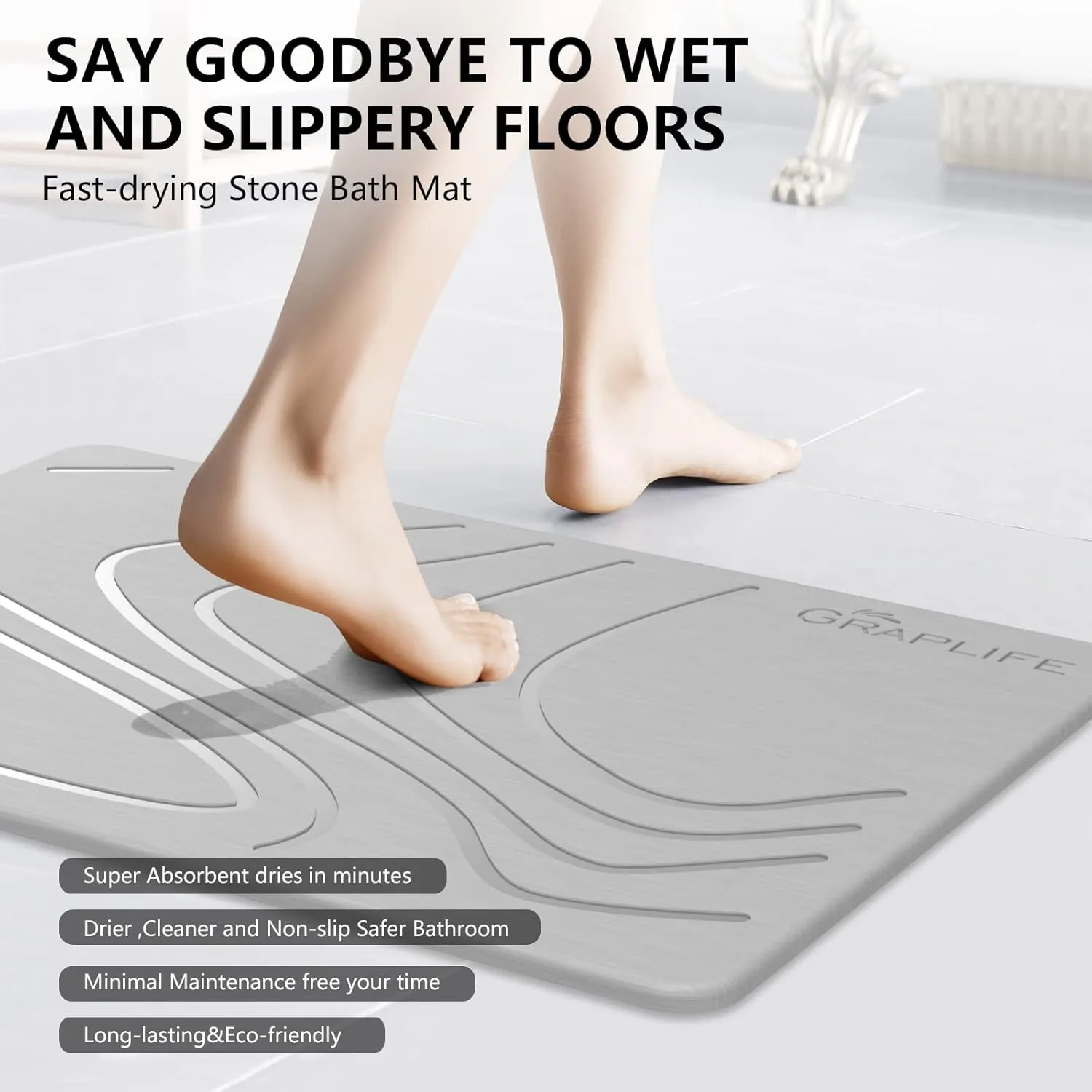Stone Bath Mat Non-Slip Fast Drying Mat for Bath Tub Bathroom Floor Super Absorbent Diatomaceous Earth Shower Mats-Light Gray 23.6x15.35