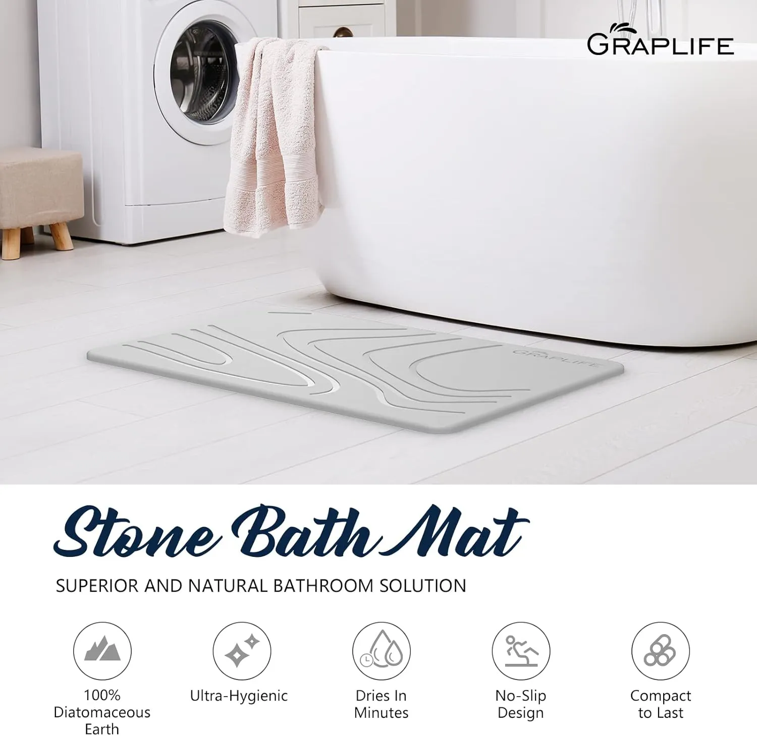Stone Bath Mat Non-Slip Fast Drying Mat for Bath Tub Bathroom Floor Super Absorbent Diatomaceous Earth Shower Mats-Light Gray 23.6x15.35