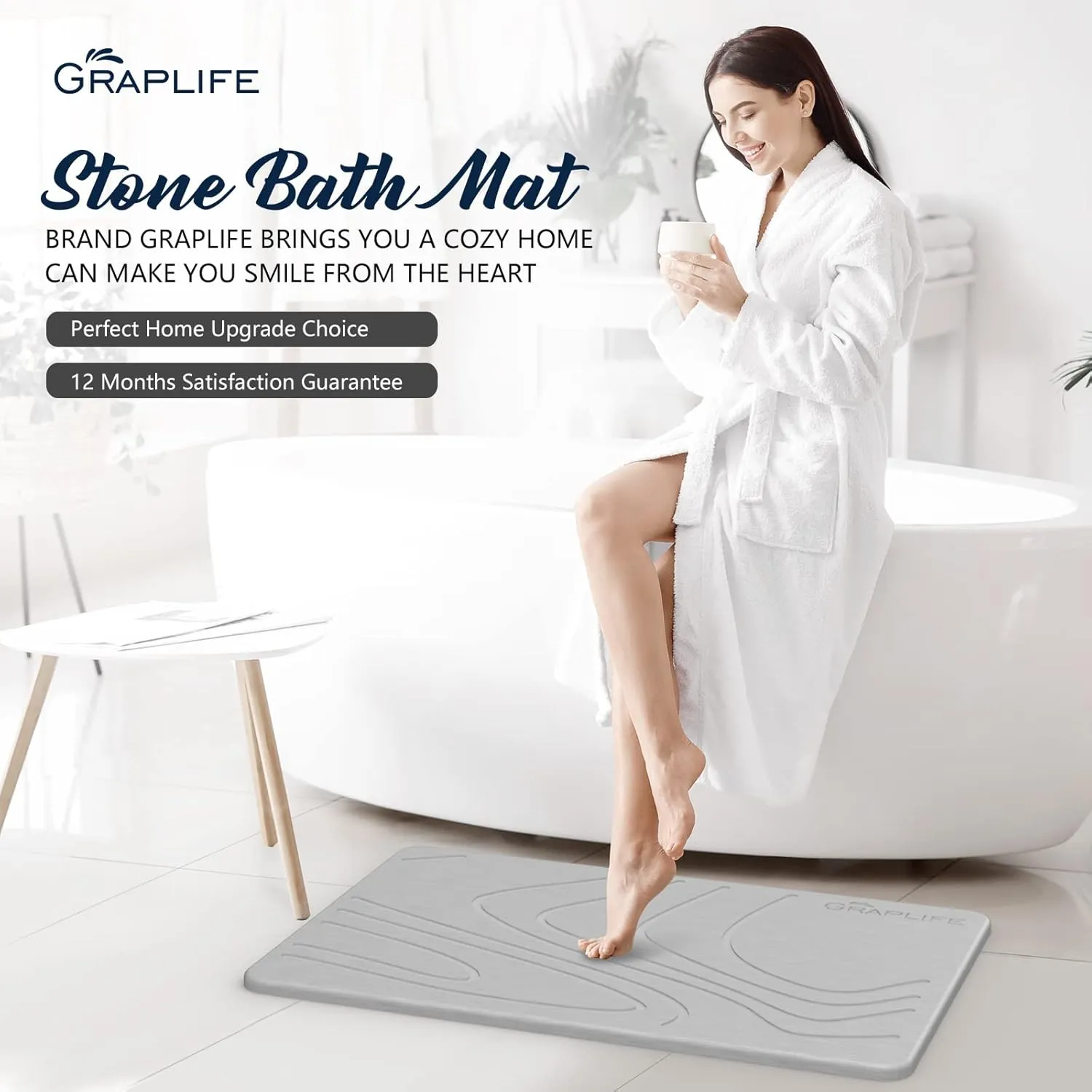 Stone Bath Mat Non-Slip Fast Drying Mat for Bath Tub Bathroom Floor Super Absorbent Diatomaceous Earth Shower Mats-Light Gray 23.6x15.35