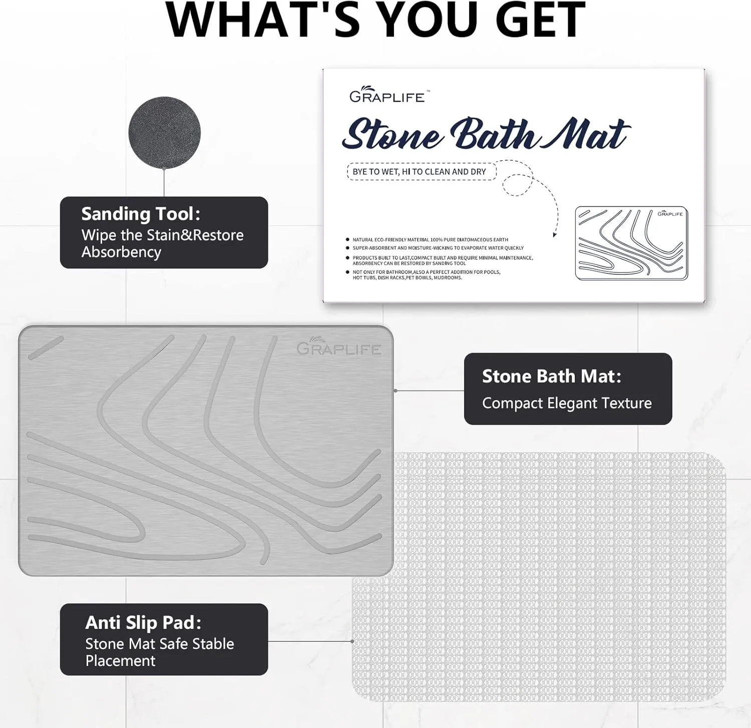 Stone Bath Mat Non-Slip Fast Drying Mat for Bath Tub Bathroom Floor Super Absorbent Diatomaceous Earth Shower Mats-Light Gray 23.6x15.35