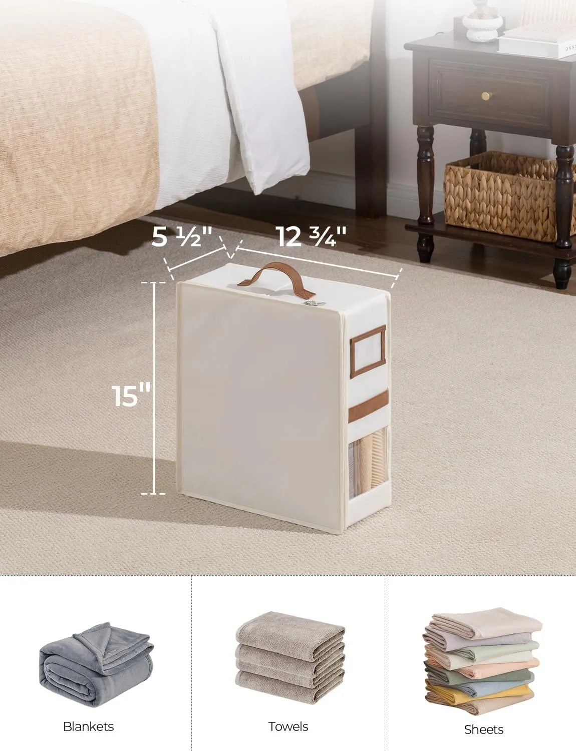 StorageWorks 4-Pack Bed Sheet Organizers and Storage, Foldable Bedsheet Holder for Linen Closet, Bedding Container with Handle, Beige, 15" D x 12¾"W x 5½"H