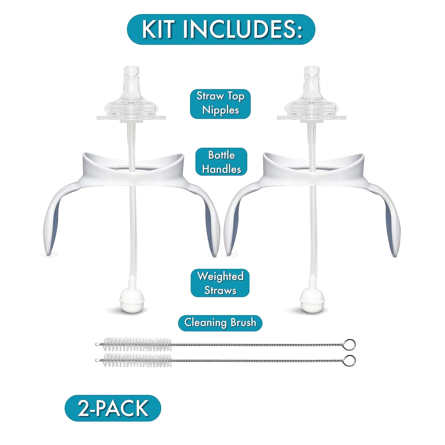 Straw Cup Conversion Kit for Philips Avent Anti-Colic Baby Bottles 2-Count, Food Grade Silicone Straw Nipples, Weighted Straw, Bottle Handles and Straw Cleaning Brush, BPA-Free, 6  Months (Straw Kit)