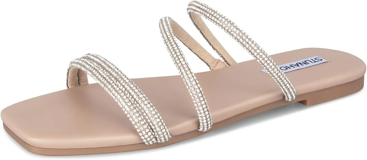 STUNAHOME Women's Rhinestone Thong Flat Sandals Open Toe Slide Sandals with Square Toe Bling Strap