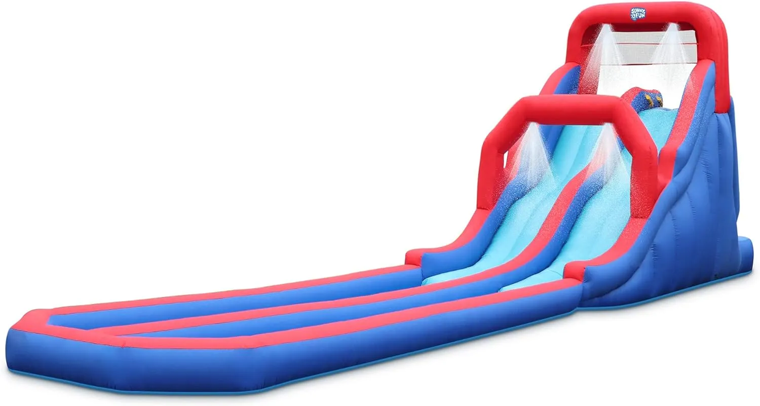 Sunny & Fun Dual Splash Inflatable Water Racing Slide Park – Heavy-Duty for Outdoor Fun - Climbing Wall, Two Slides & Splash Pool – Easy to Set Up & Inflate with Included Air Pump & Carrying Case