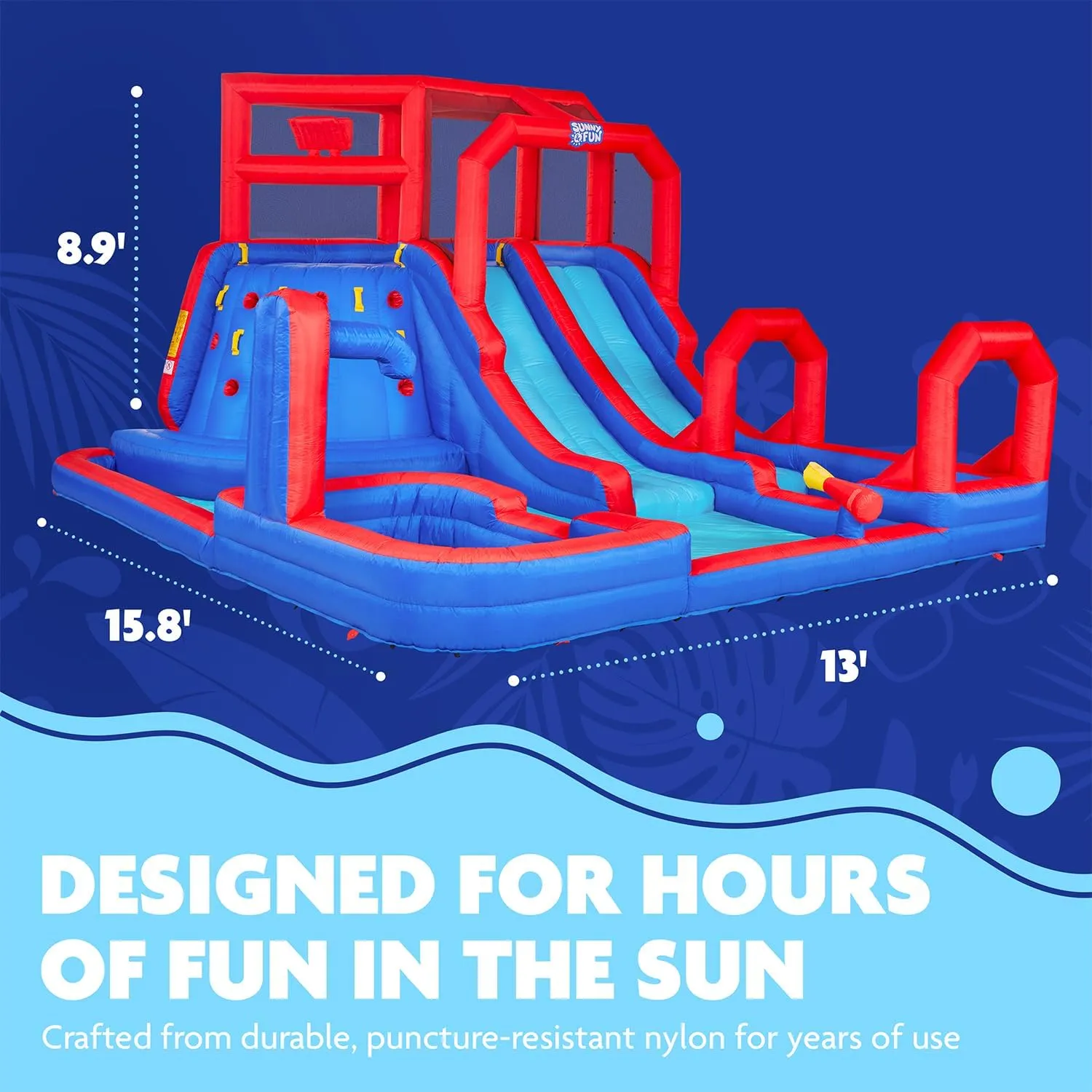 Sunny & Fun Mega Climb N’ Go Inflatable Water Slide Park – Heavy-Duty for Outdoor Fun - Climbing Wall, 2 Slides, Splash & Deep Pool – Easy to Set Up & Inflate with Included Air Pump & Carrying Case