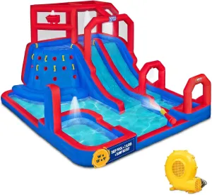 Sunny & Fun Mega Climb N’ Go Inflatable Water Slide Park – Heavy-Duty for Outdoor Fun - Climbing Wall, 2 Slides, Splash & Deep Pool – Easy to Set Up & Inflate with Included Air Pump & Carrying Case