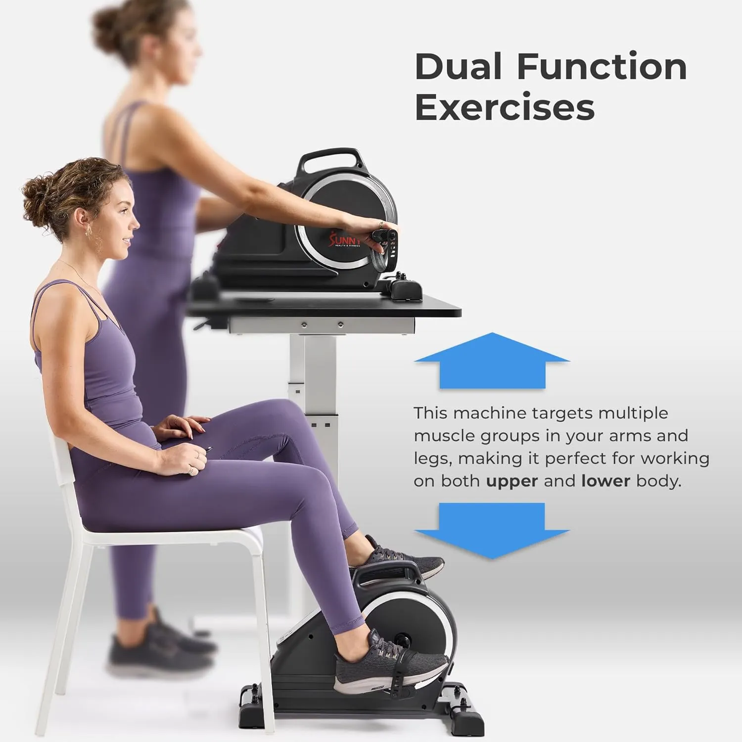 Sunny Health & Fitness Dual Function Under-Desk Bike Trainer, Mini Exercise Machine for Senior Training, Arm/Leg Cardio Cycle Workout, Optional Magnetic, Motorized & Free SunnyFit App Bluetooth Link