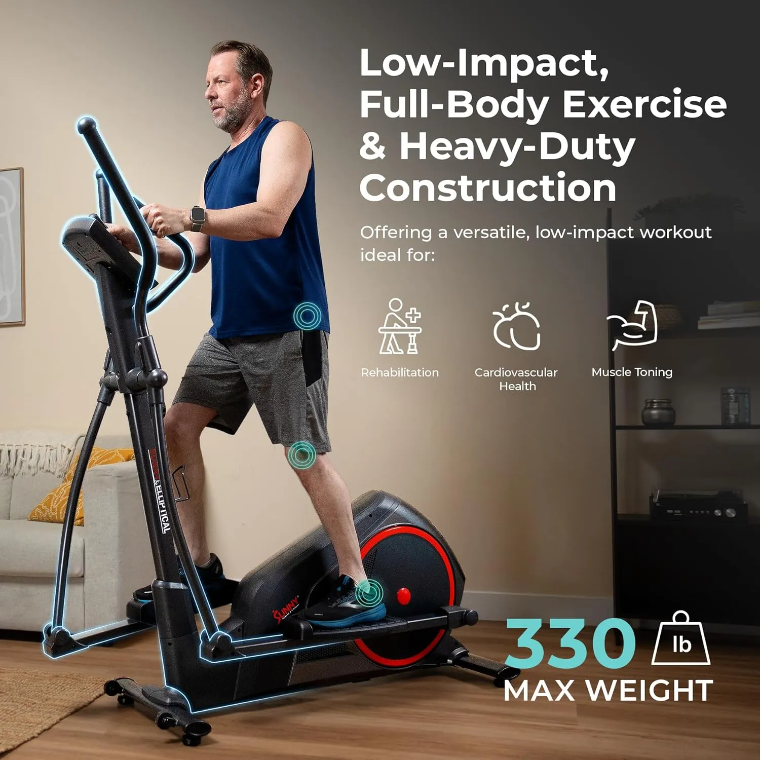 Sunny Health & Fitness Smart Elliptical Full-Body Cross Training Machine w/Extended Stride, Cardio Exercise Trainer for Home, Free SunnyFit App Bluetooth Connection, Optional 12" or 16" Stride Length