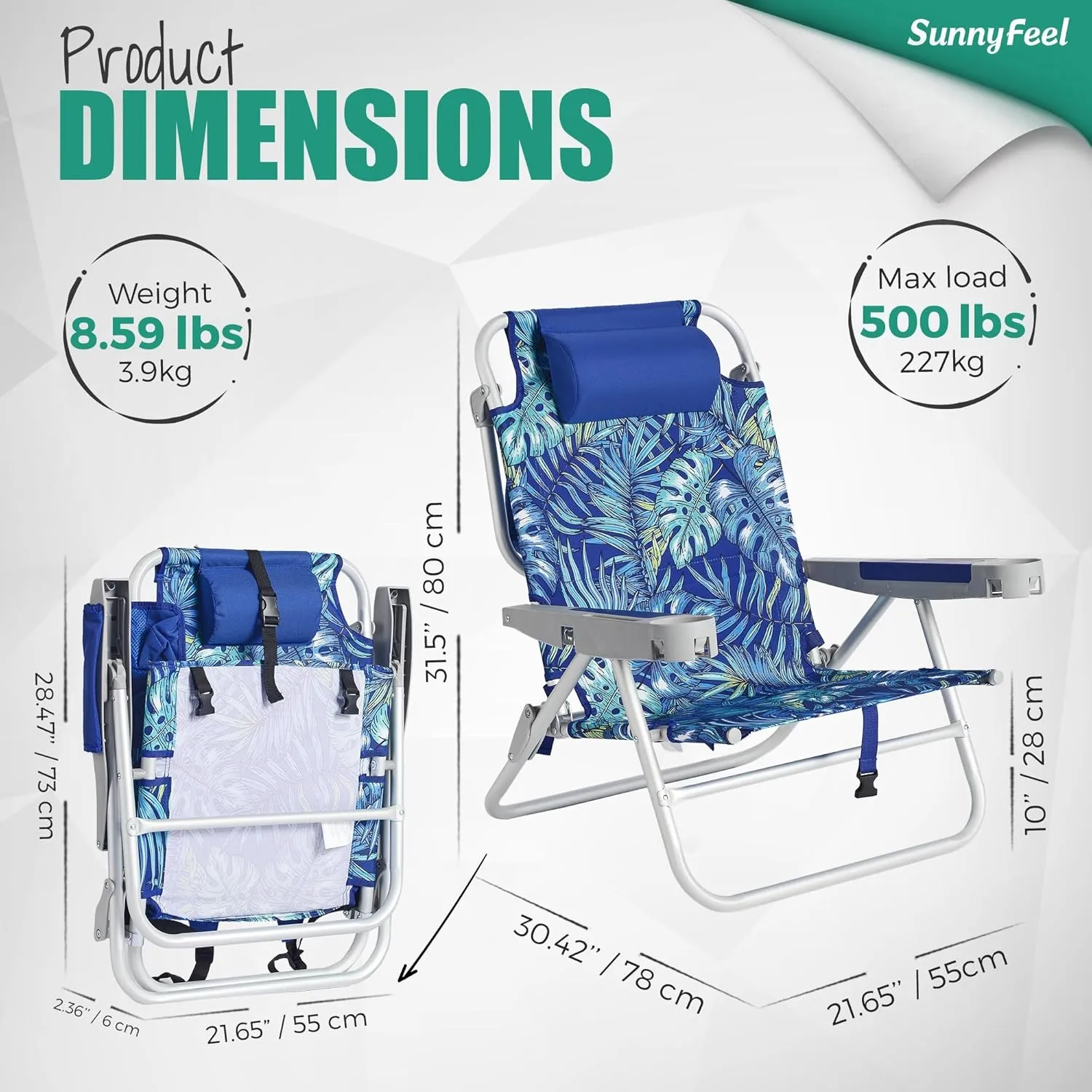 SUNNYFEEL Extra Wide Low Beach Chair 5 Position Lay Flat 500 LBS Heavy Duty, XL Oversized Portable Folding Camping Chairs with Cup Holder for Outdoor/Trip, Lightweight Backpack Beach Chair for Adults