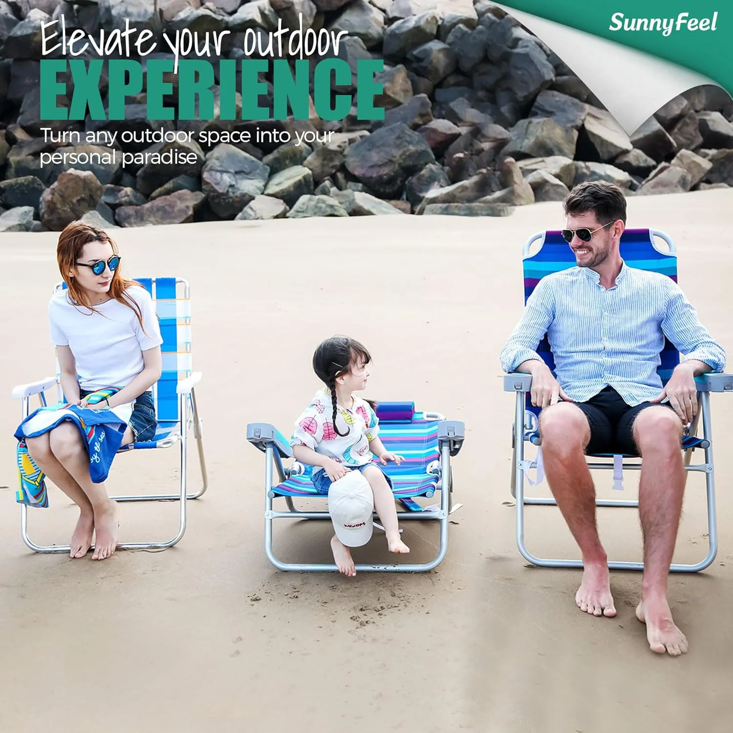 SUNNYFEEL Extra Wide Low Beach Chair 5 Position Lay Flat 500 LBS Heavy Duty, XL Oversized Portable Folding Camping Chairs with Cup Holder for Outdoor/Trip, Lightweight Backpack Beach Chair for Adults