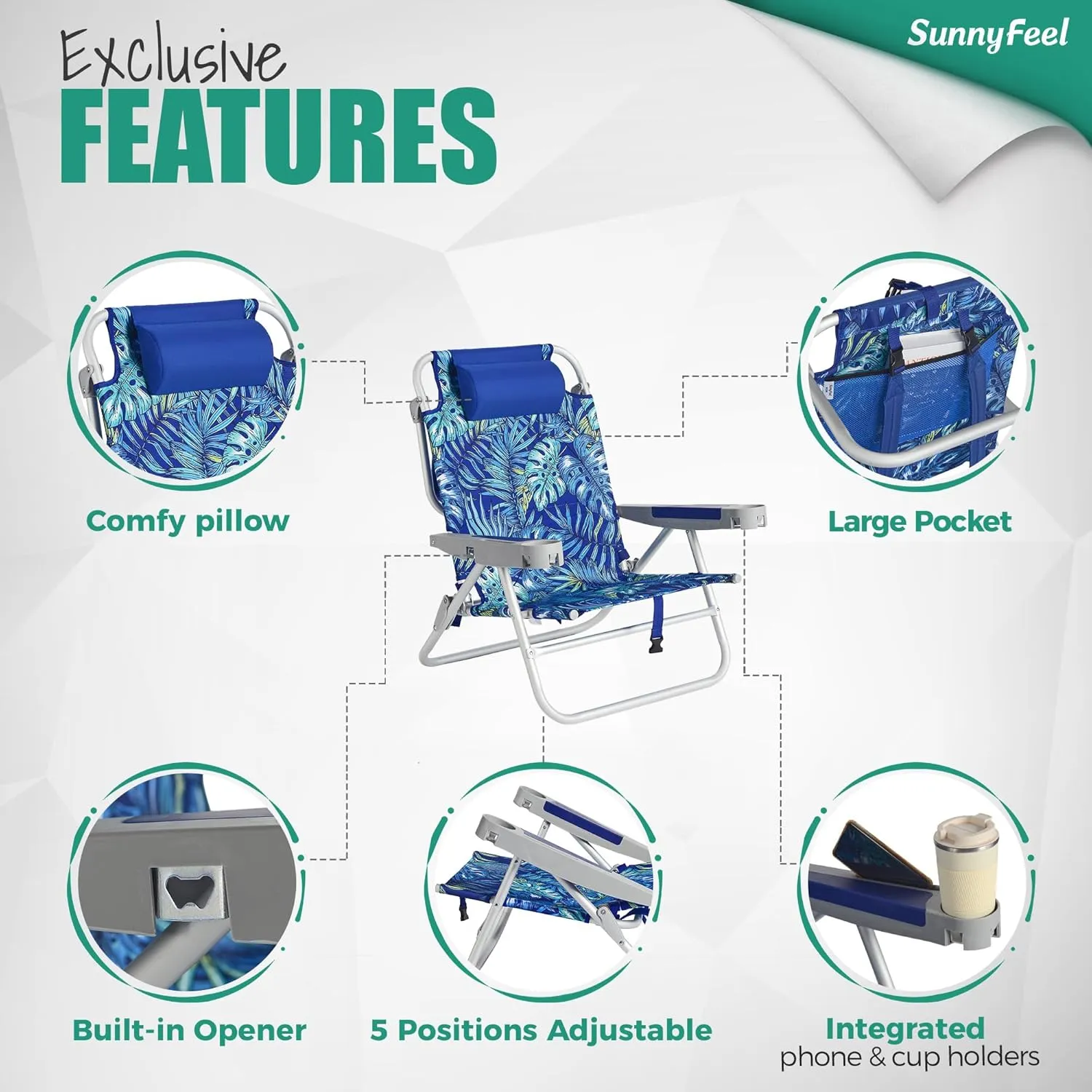 SUNNYFEEL Extra Wide Low Beach Chair 5 Position Lay Flat 500 LBS Heavy Duty, XL Oversized Portable Folding Camping Chairs with Cup Holder for Outdoor/Trip, Lightweight Backpack Beach Chair for Adults