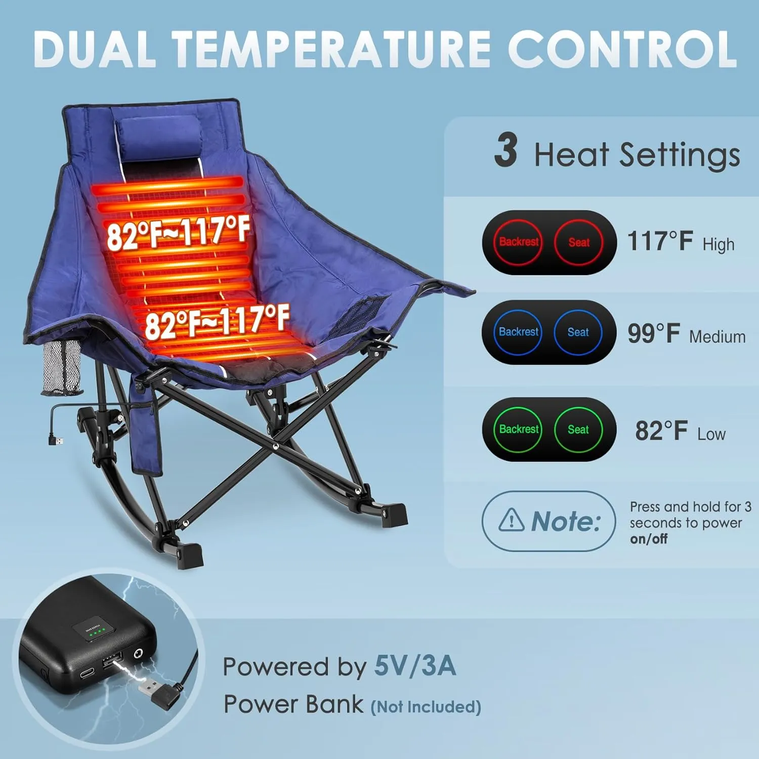 Suteck Heated Rocking Camping Chair, XL Oversized Rocking Chair Outdoor with 3 Heat Levels for Back and Seat, Heated Chairs Outdoor Sports for Patio Lawn Picnic Travel, Power Bank（Not Included）