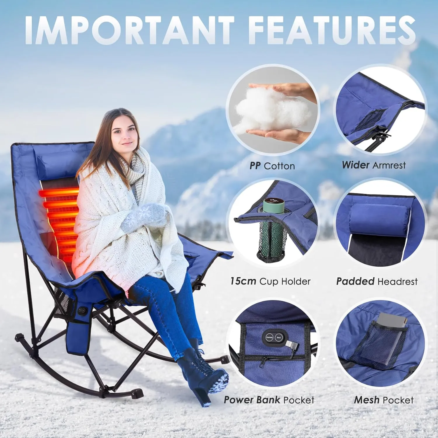 Suteck Heated Rocking Camping Chair, XL Oversized Rocking Chair Outdoor with 3 Heat Levels for Back and Seat, Heated Chairs Outdoor Sports for Patio Lawn Picnic Travel, Power Bank（Not Included）