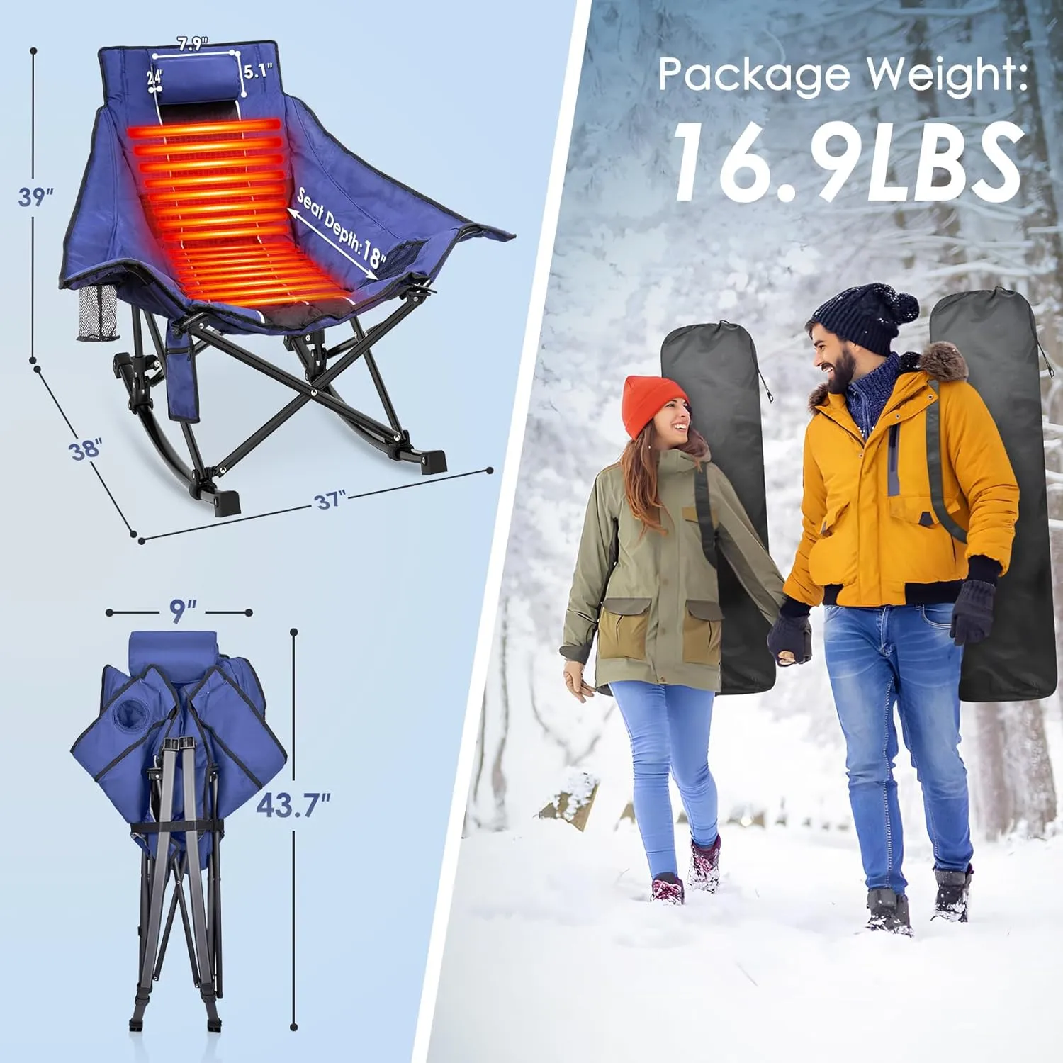 Suteck Heated Rocking Camping Chair, XL Oversized Rocking Chair Outdoor with 3 Heat Levels for Back and Seat, Heated Chairs Outdoor Sports for Patio Lawn Picnic Travel, Power Bank（Not Included）