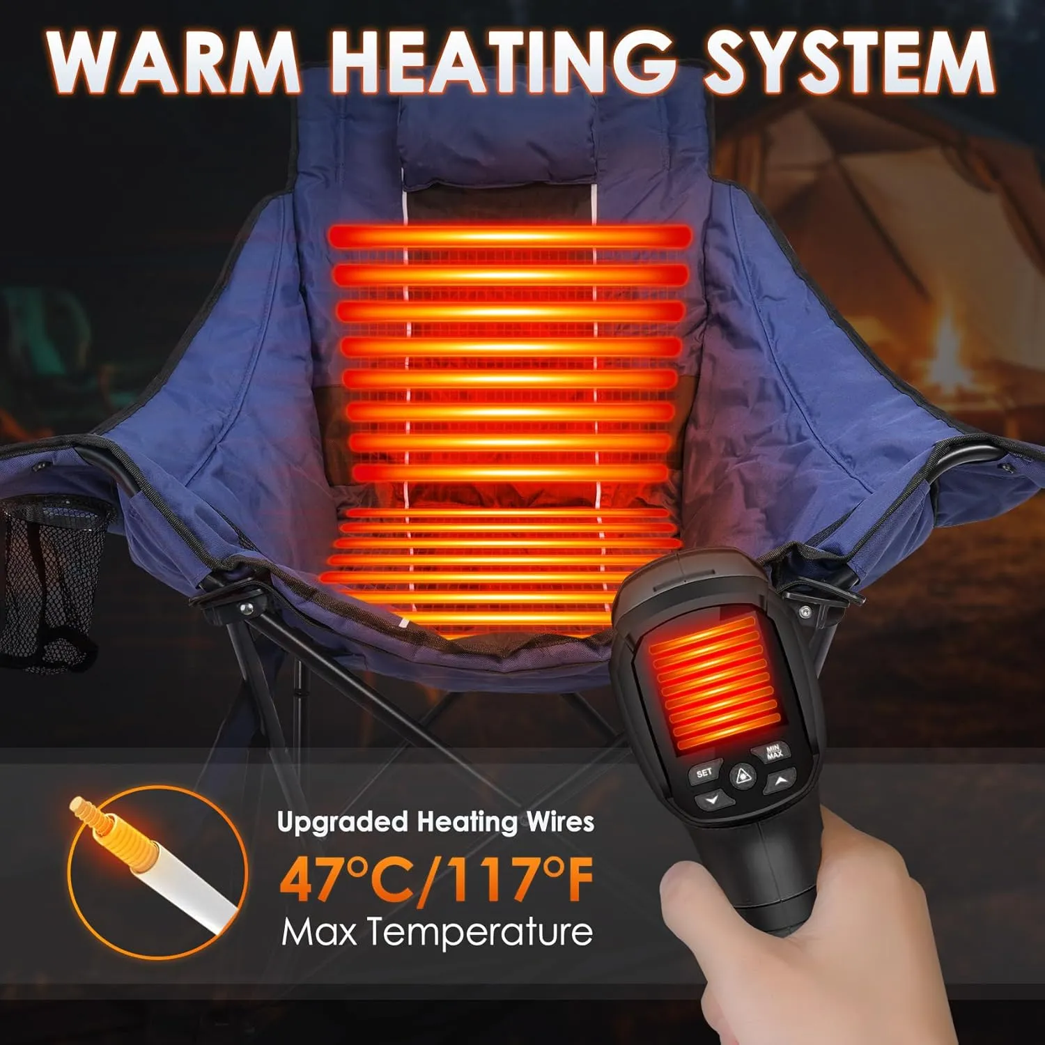 Suteck Heated Rocking Camping Chair, XL Oversized Rocking Chair Outdoor with 3 Heat Levels for Back and Seat, Heated Chairs Outdoor Sports for Patio Lawn Picnic Travel, Power Bank（Not Included）