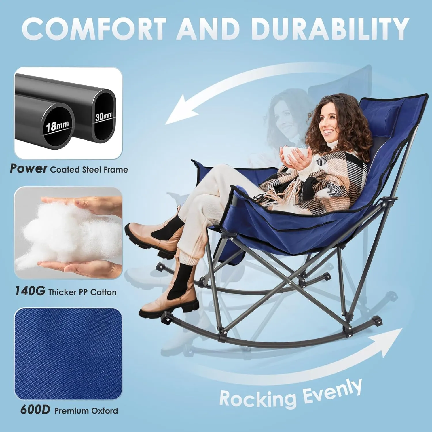 Suteck Heated Rocking Camping Chair, XL Oversized Rocking Chair Outdoor with 3 Heat Levels for Back and Seat, Heated Chairs Outdoor Sports for Patio Lawn Picnic Travel, Power Bank（Not Included）