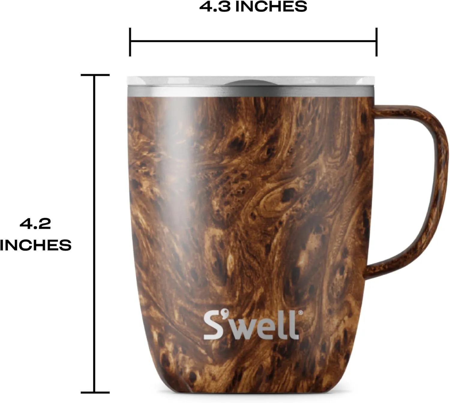 S'well Stainless Steel Mug with Handle, 12oz, Teakwood, Triple Layered Vacuum Insulated Containers Keeps Drinks Colder and Hotter for Longer, BPA Free