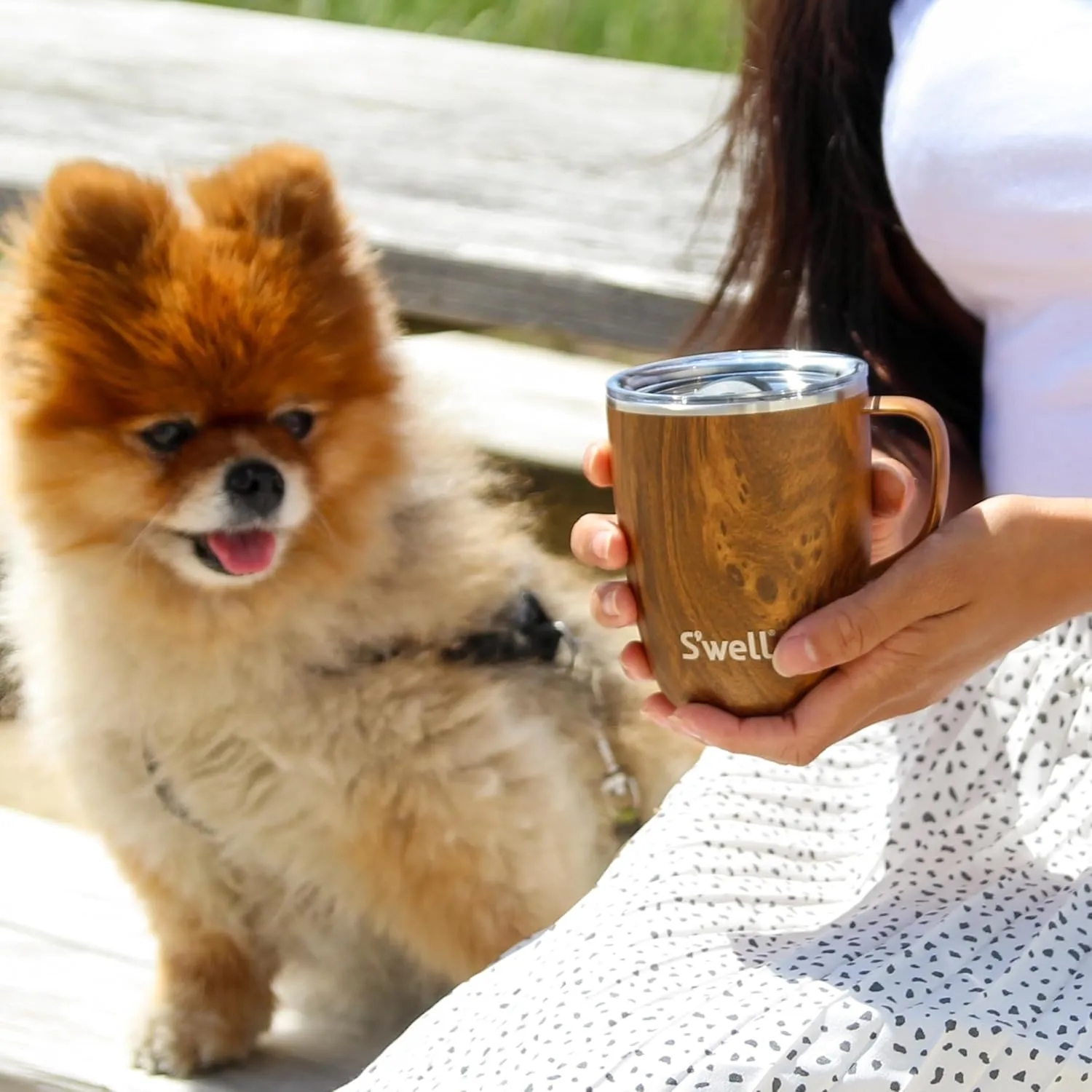 S'well Stainless Steel Mug with Handle, 12oz, Teakwood, Triple Layered Vacuum Insulated Containers Keeps Drinks Colder and Hotter for Longer, BPA Free