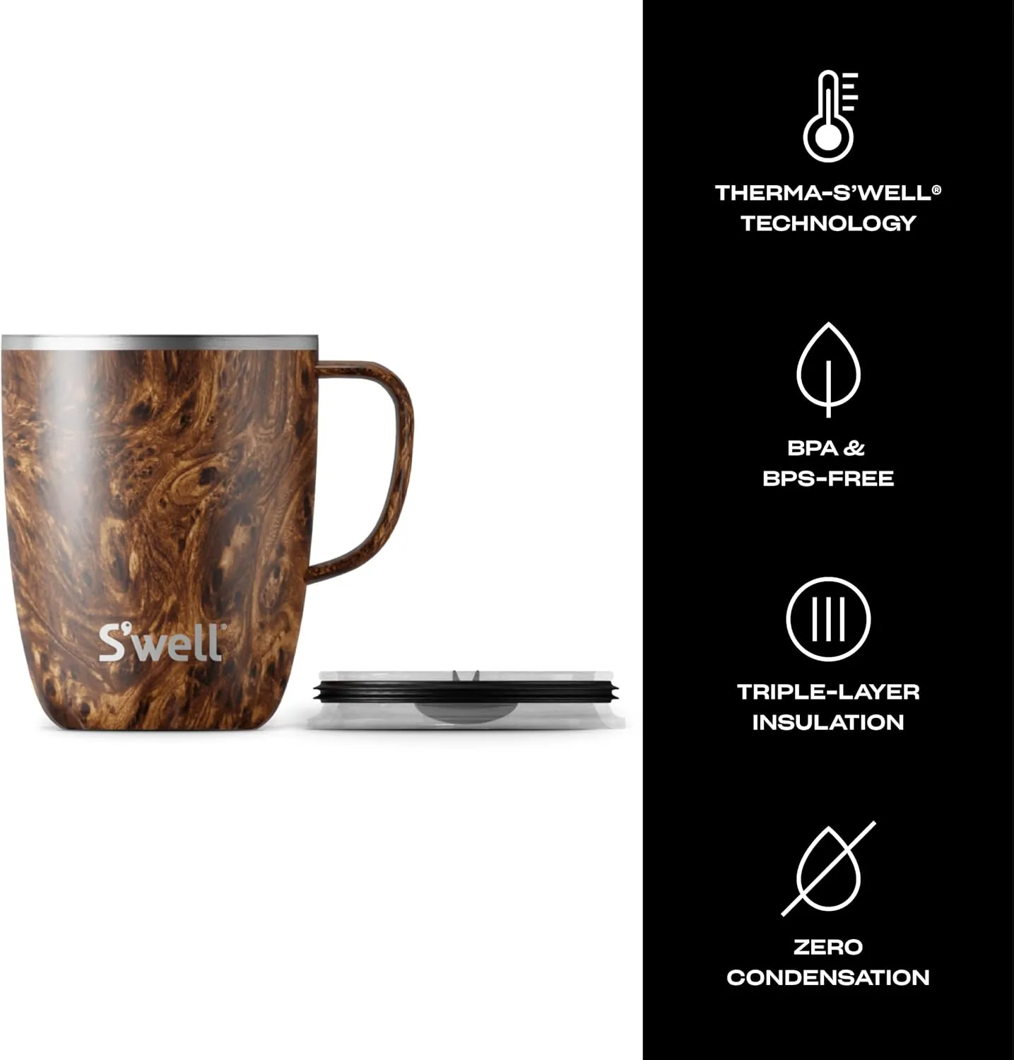 S'well Stainless Steel Mug with Handle, 12oz, Teakwood, Triple Layered Vacuum Insulated Containers Keeps Drinks Colder and Hotter for Longer, BPA Free