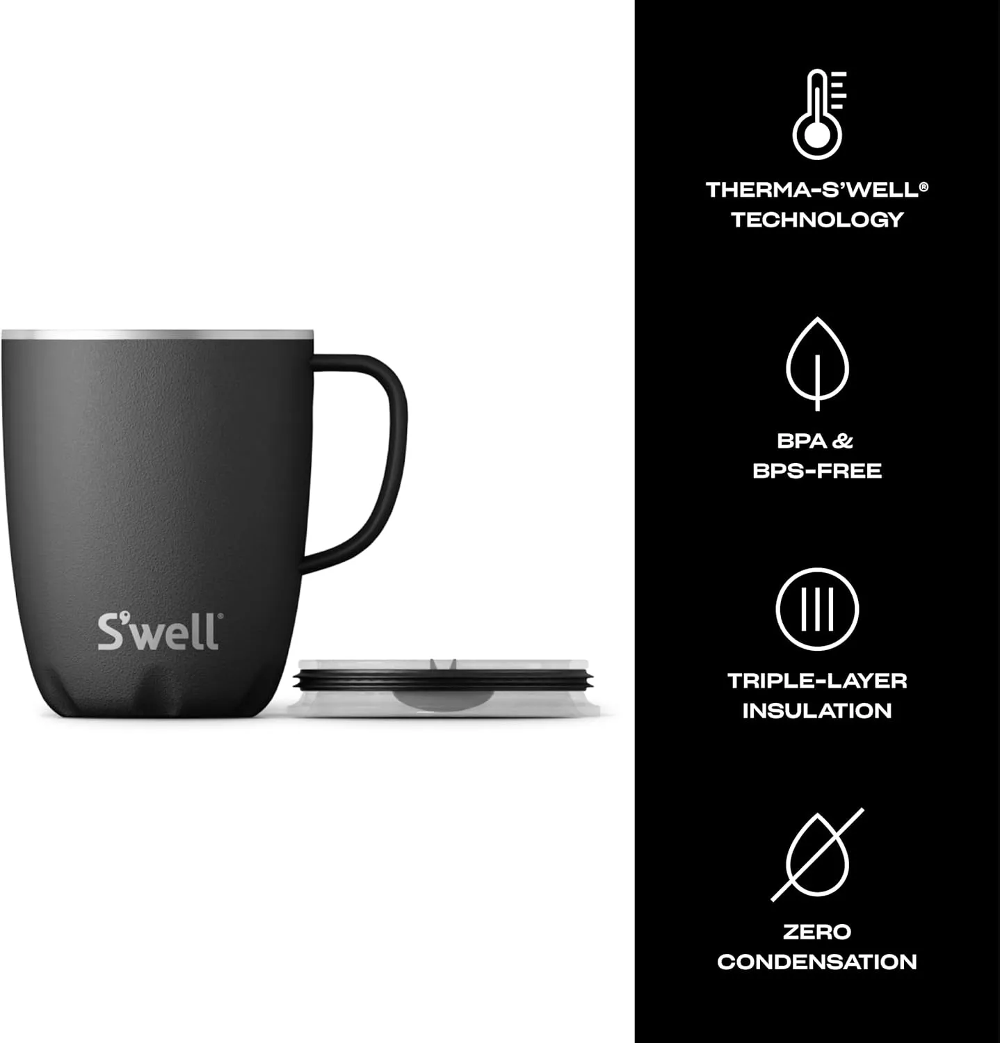 S'well Stainless Steel Mug with Handle, 16oz, Onyx, Triple Layered Vacuum Insulated Containers Keeps Drinks Cold for 10 Hours and Hot for 3, BPA Free