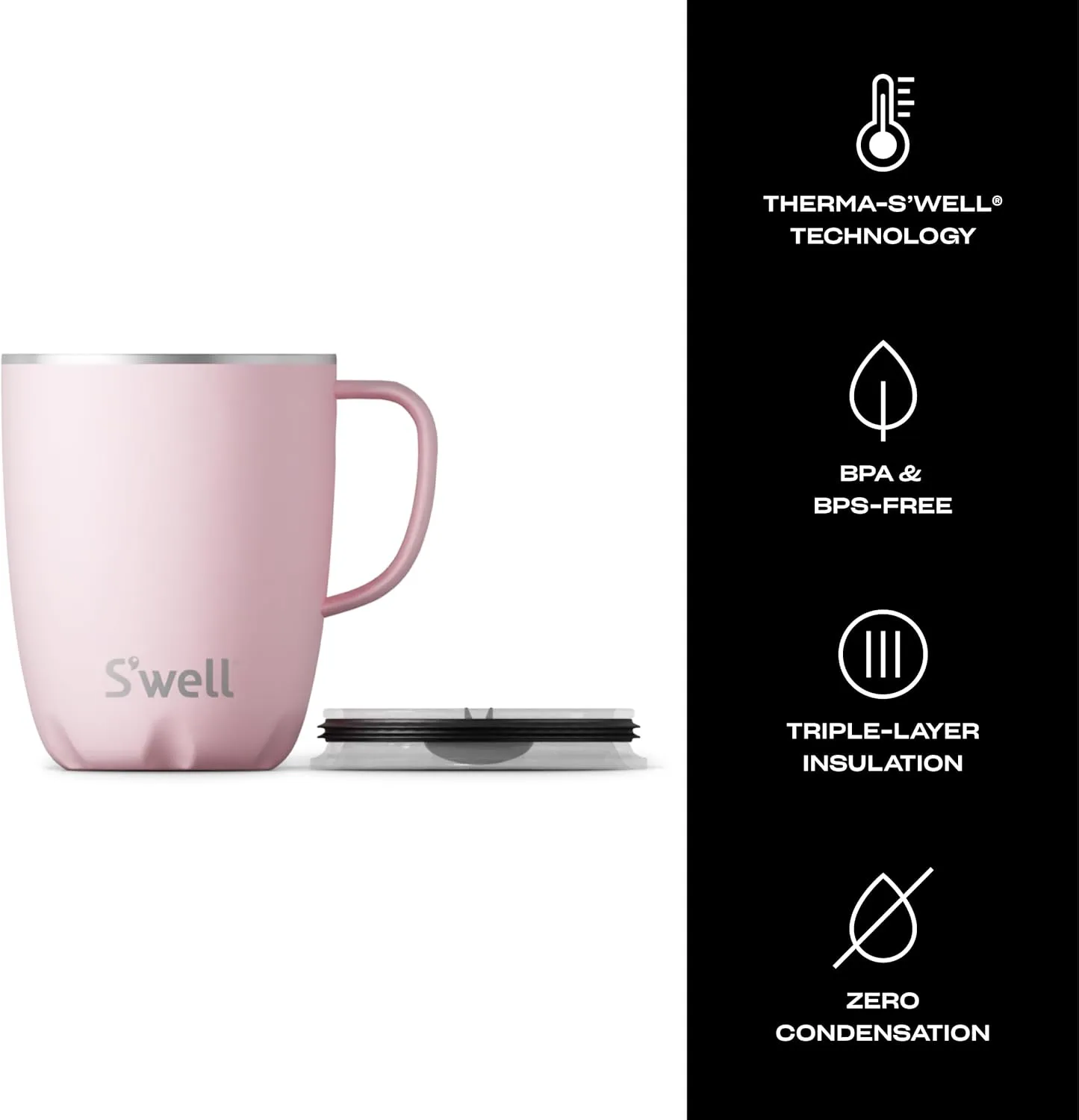 S'well Stainless Steel Mug with Handle, 16oz, Pink Topaz, Triple Layered Vacuum Insulated Containers Keeps Drinks Cold for 10 Hours and Hot for 3, BPA Free