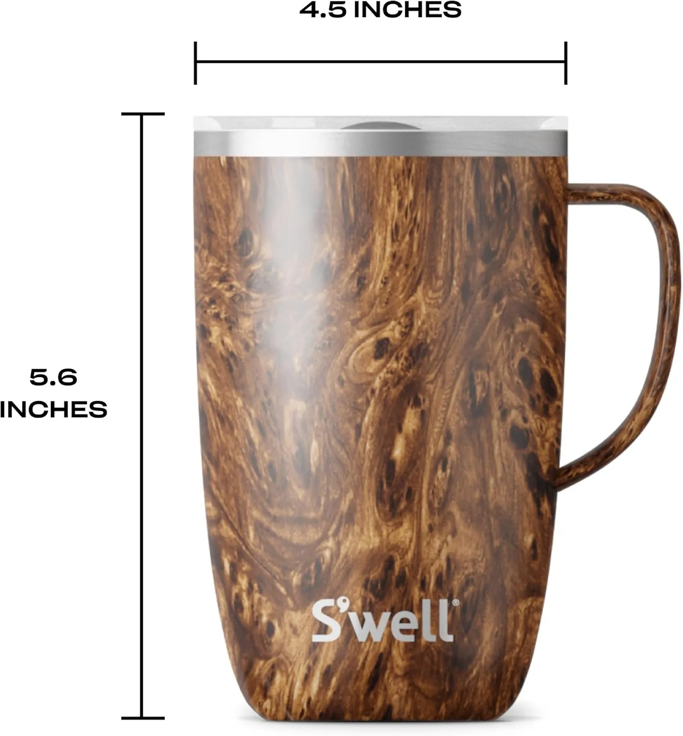 S'well Stainless Steel Mug with Handle, 16oz, Teakwood, Triple Layered Vacuum Insulated Containers Keeps Drinks Cold for 10 Hours and Hot for 3, BPA Free