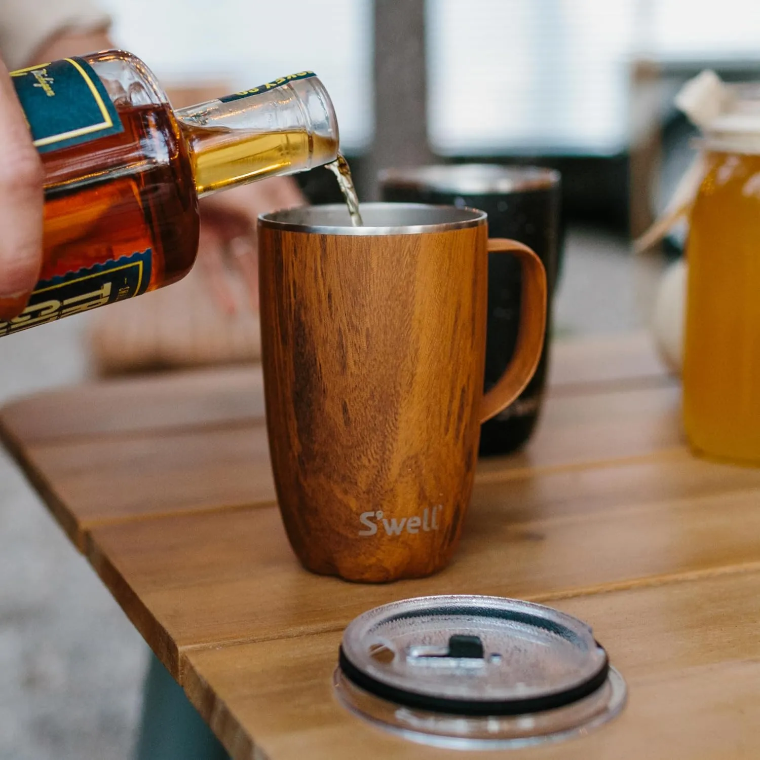 S'well Stainless Steel Mug with Handle, 16oz, Teakwood, Triple Layered Vacuum Insulated Containers Keeps Drinks Cold for 10 Hours and Hot for 3, BPA Free