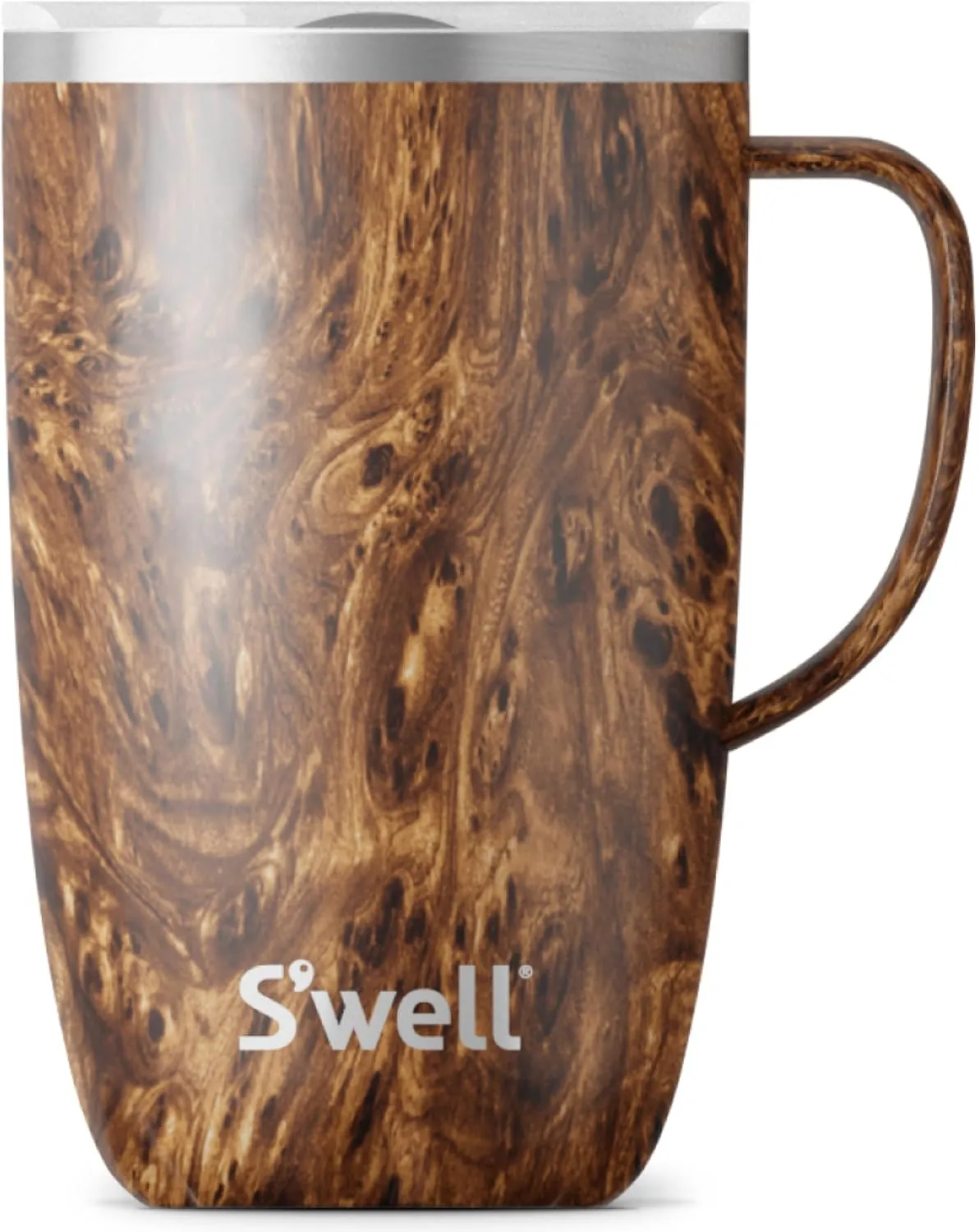 S'well Stainless Steel Mug with Handle, 16oz, Teakwood, Triple Layered Vacuum Insulated Containers Keeps Drinks Cold for 10 Hours and Hot for 3, BPA Free