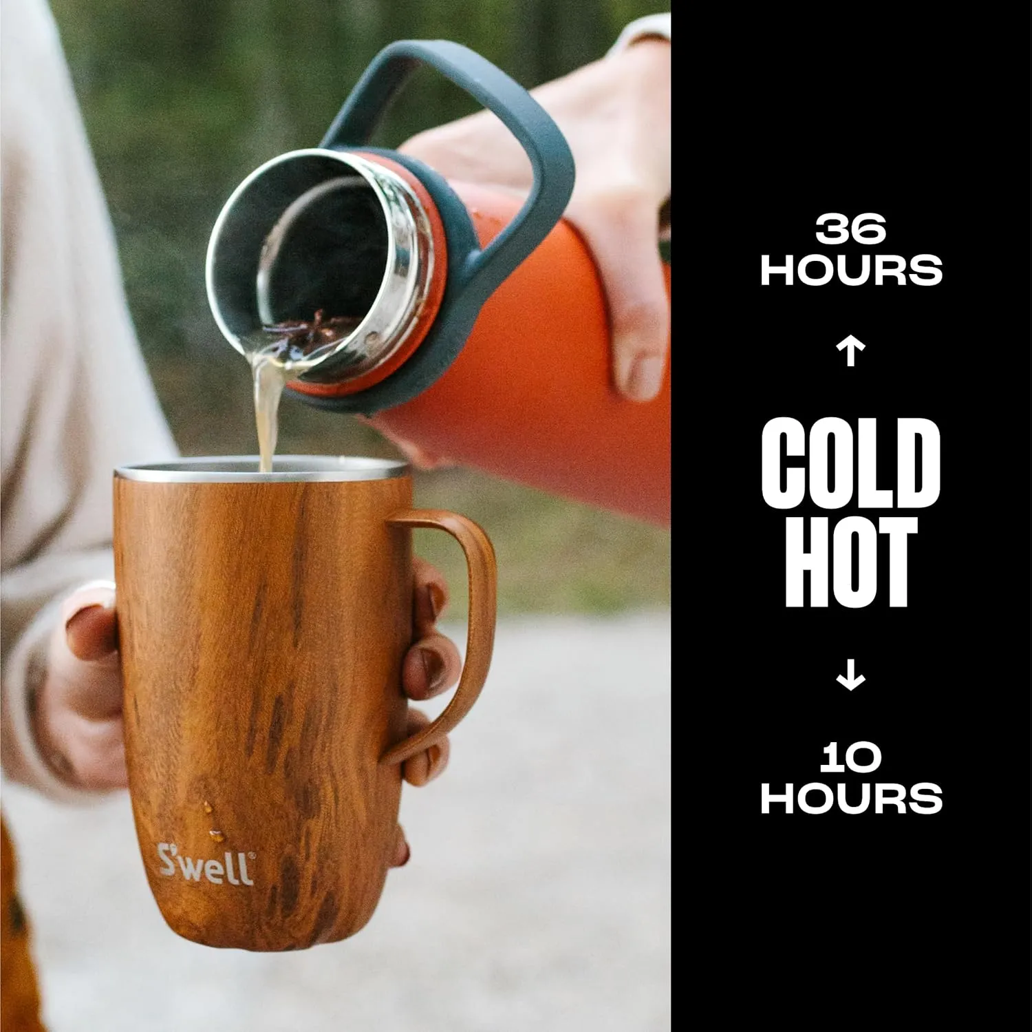 S'well Stainless Steel Mug with Handle, 16oz, Teakwood, Triple Layered Vacuum Insulated Containers Keeps Drinks Cold for 10 Hours and Hot for 3, BPA Free