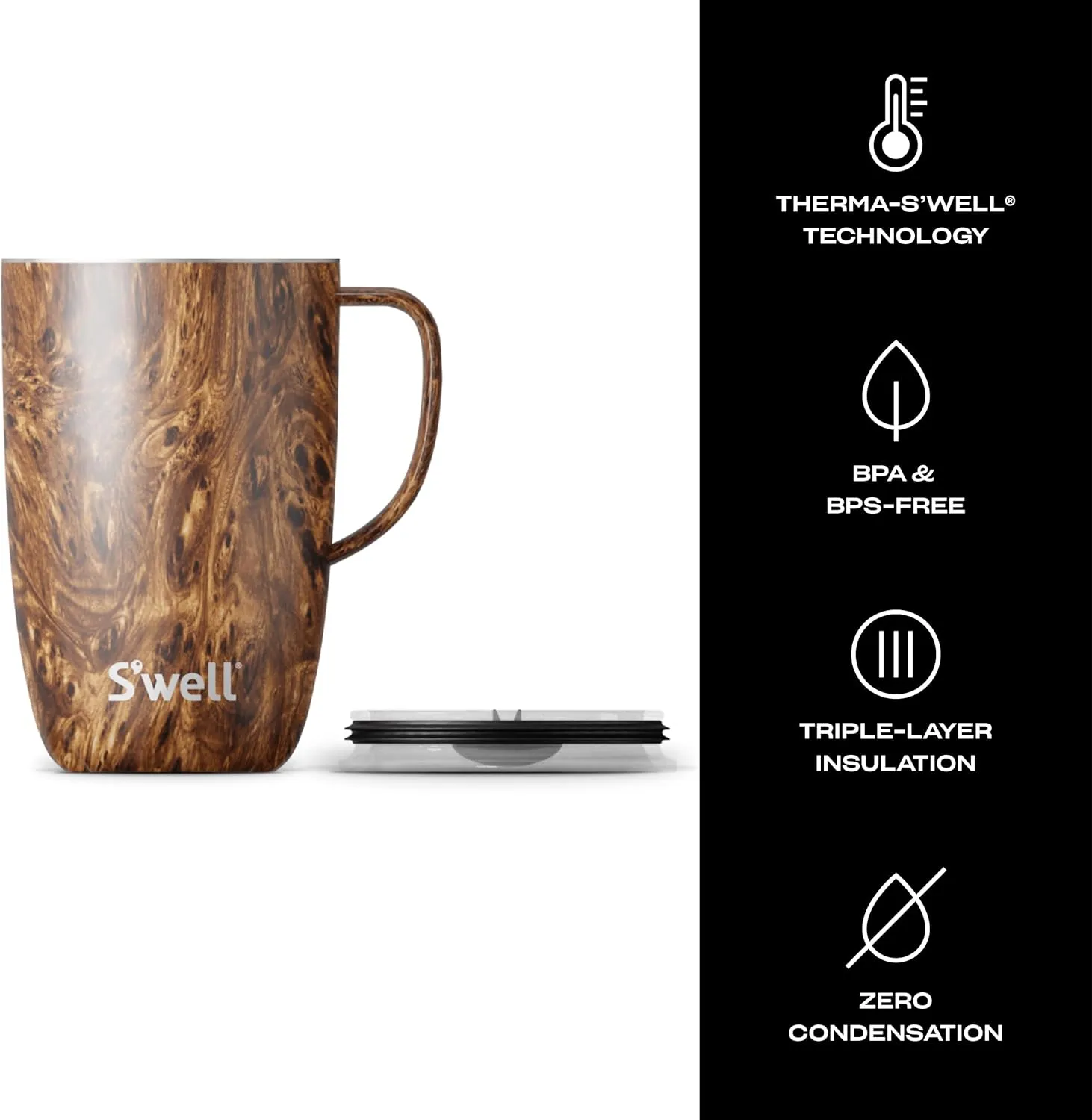 S'well Stainless Steel Mug with Handle, 16oz, Teakwood, Triple Layered Vacuum Insulated Containers Keeps Drinks Cold for 10 Hours and Hot for 3, BPA Free