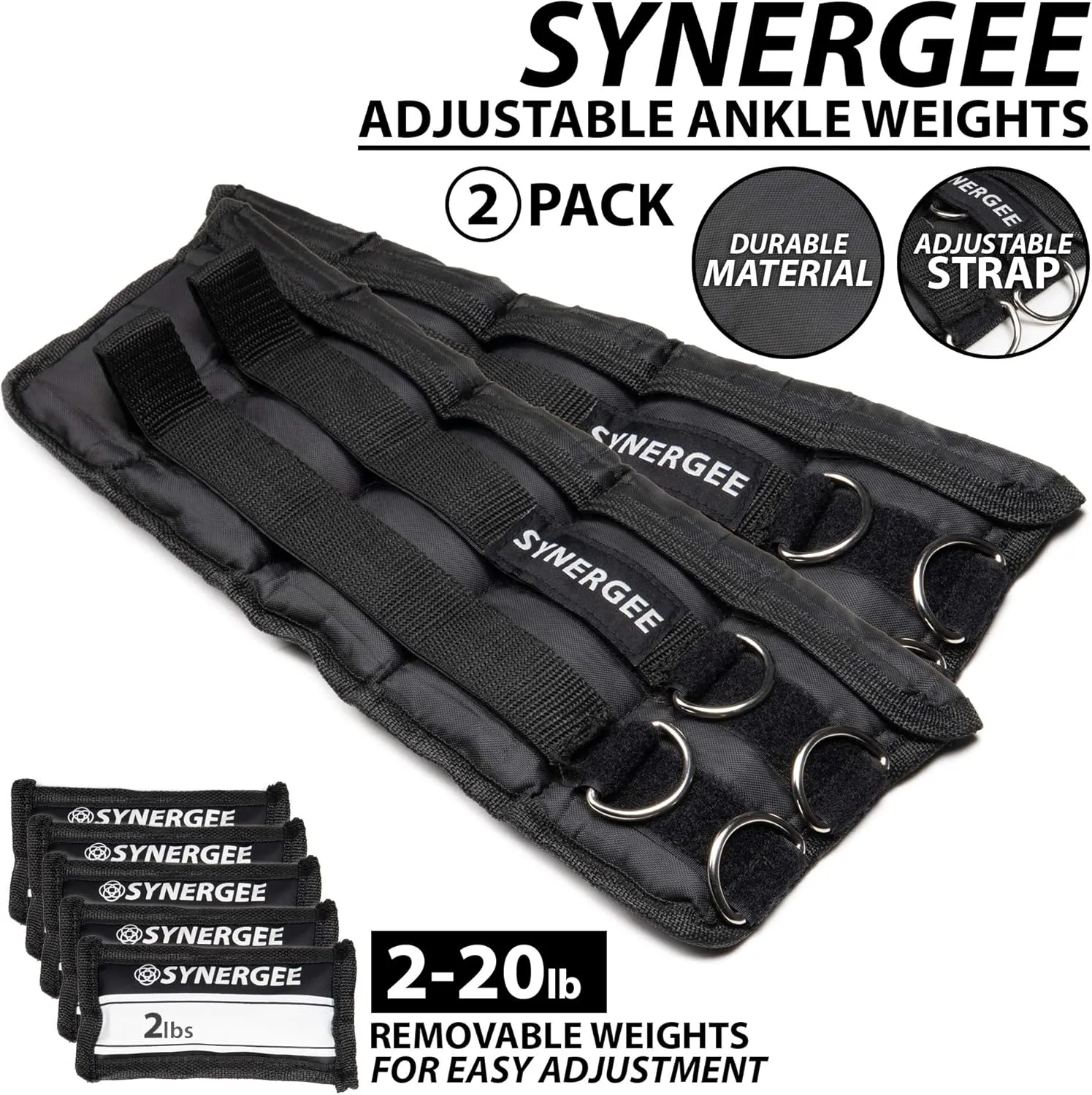 Synergee Comfort Fit Adjustable Ankle/Wrist Weights (Set of 2). Available in 5lb, 10lb & 20lbs. One Size Fits All.