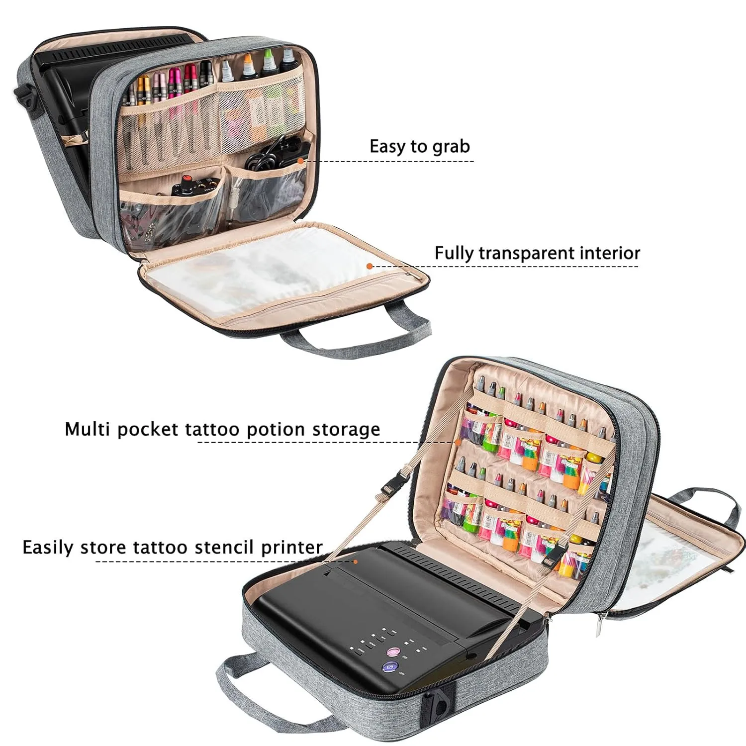 Tattoo Carrying Case-Tattoo Supplies Organizer-Tattoo Kit Case -Tattoo Supplies Carrying Bag for Tattoo Stencil Printer, Tattoo Ink, Tattoo Equipment, Tatoo Pens X-Large Grey (BAG ONLY)