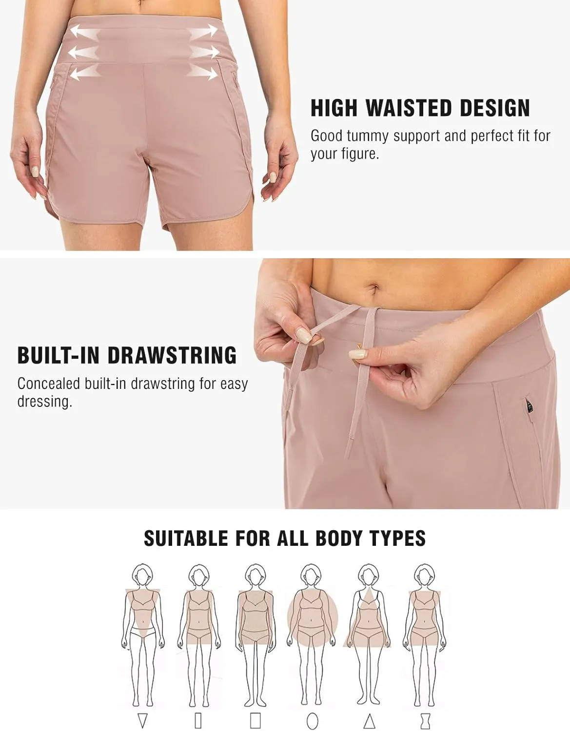 TBMPOY Women's Swim Board Shorts with Zipper Pockets 5'' High Waisted Bathing Suit Swimwear Quick Dry Beach Short