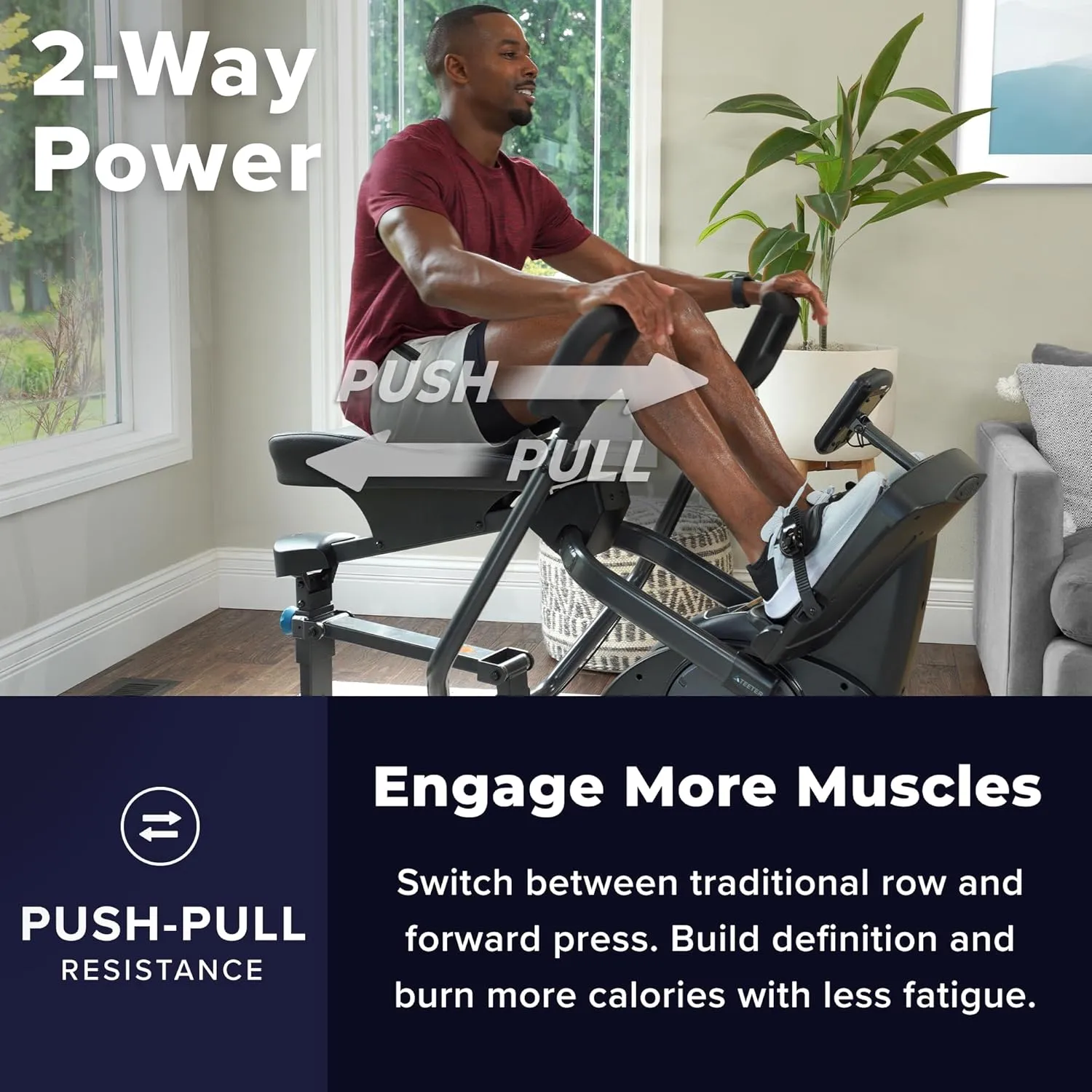 Teeter Power10 Rower with 2-Way Magnetic Resistance Elliptical Motion - Indoor Rowing Machine w/Bluetooth HRM Connectivity, Teeter Move App - Free Classes & Coaching