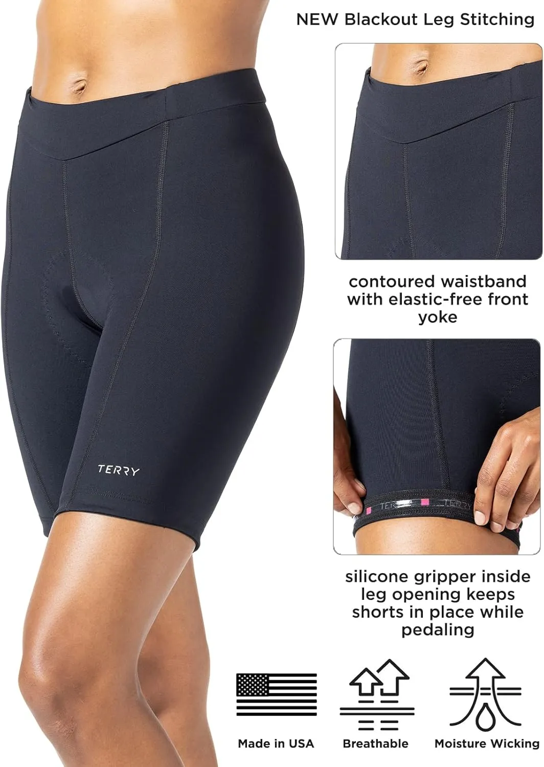 Terry Bella Bike Shorts Women Padded, Regular 8.5 Inch Silicone Leg Black Bike Shorts for Womens Cycling Shorts Mountain Bike