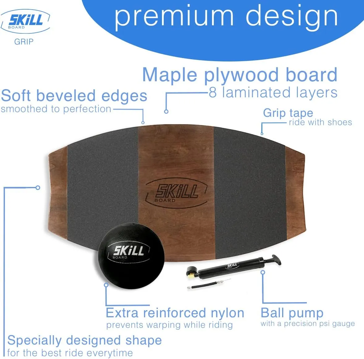 The Skill Board - Wooden Balance Board for Adults - Wobble Board for All Sports, Gym, Standing Desk, or Yard Games - Balance Trainer, Fitness Ball, Ball Pump, Grip Tape