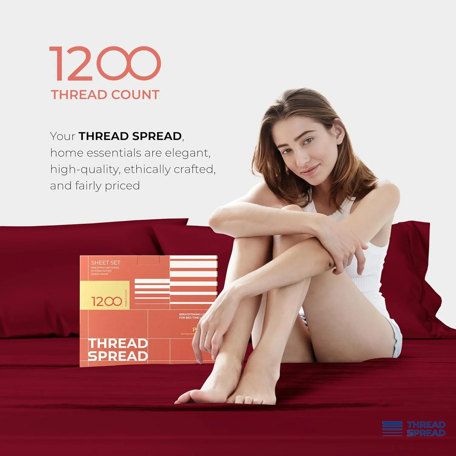 THREAD SPREAD 100% Egyptian Cotton Sheets Queen Size - 1200 Thread Count 4 PC Queen Sheet Set Egyptian Cotton, Sateen Weave Luxury Sheets Queen, High Thread Count Sheets, 17" Deep Pocket - Burgundy