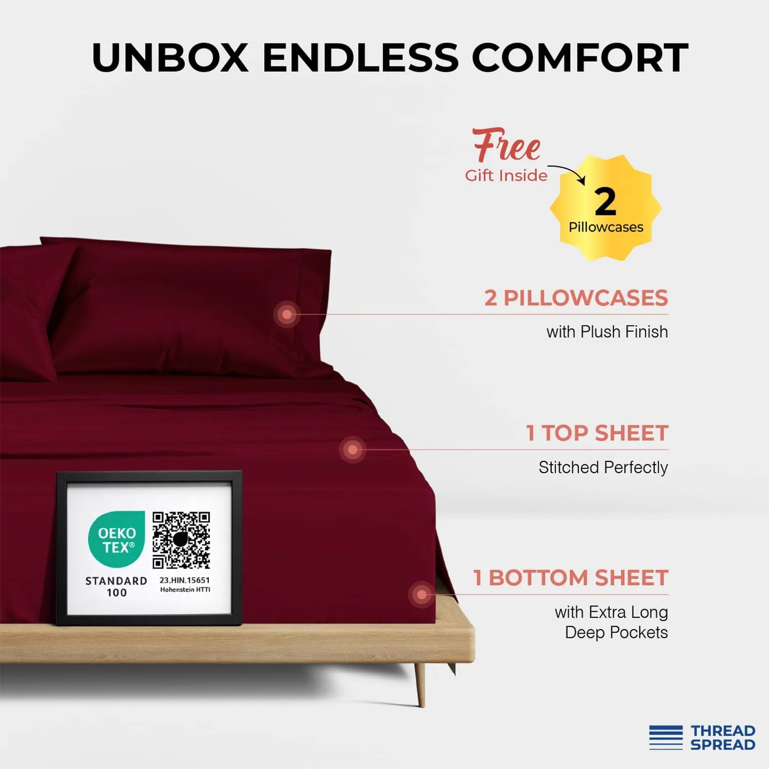 THREAD SPREAD 100% Egyptian Cotton Sheets Queen Size - 1200 Thread Count 4 PC Queen Sheet Set Egyptian Cotton, Sateen Weave Luxury Sheets Queen, High Thread Count Sheets, 17" Deep Pocket - Burgundy