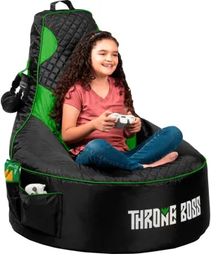 Throne Boss Gaming Bean Bag Chair for Kids [Cover ONLY No Filling] - High Back Beanbag for Boys, Girls, and Gamers with Cup Holder (Black/Green)
