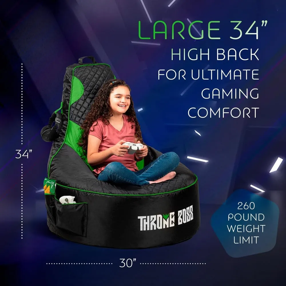 Throne Boss Gaming Bean Bag Chair for Kids [Cover ONLY No Filling] - High Back Beanbag for Boys, Girls, and Gamers with Cup Holder (Black/Green)