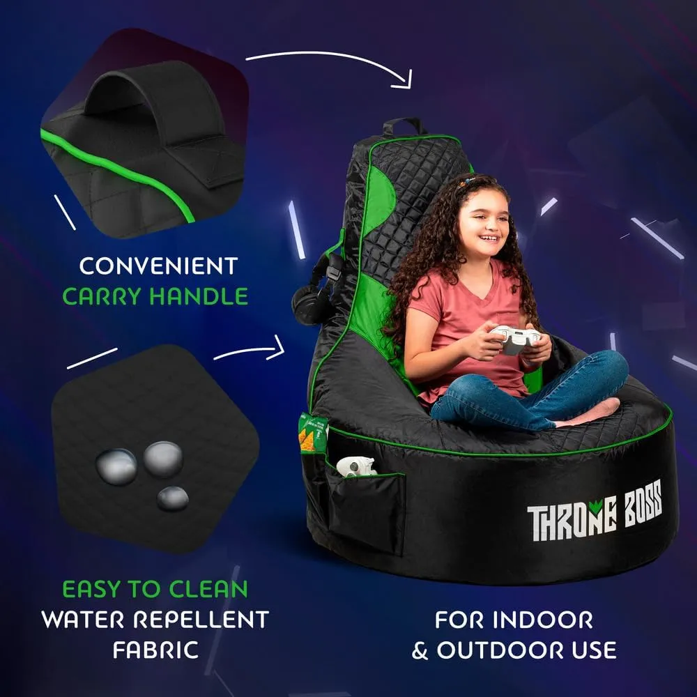 Throne Boss Gaming Bean Bag Chair for Kids [Cover ONLY No Filling] - High Back Beanbag for Boys, Girls, and Gamers with Cup Holder (Black/Green)