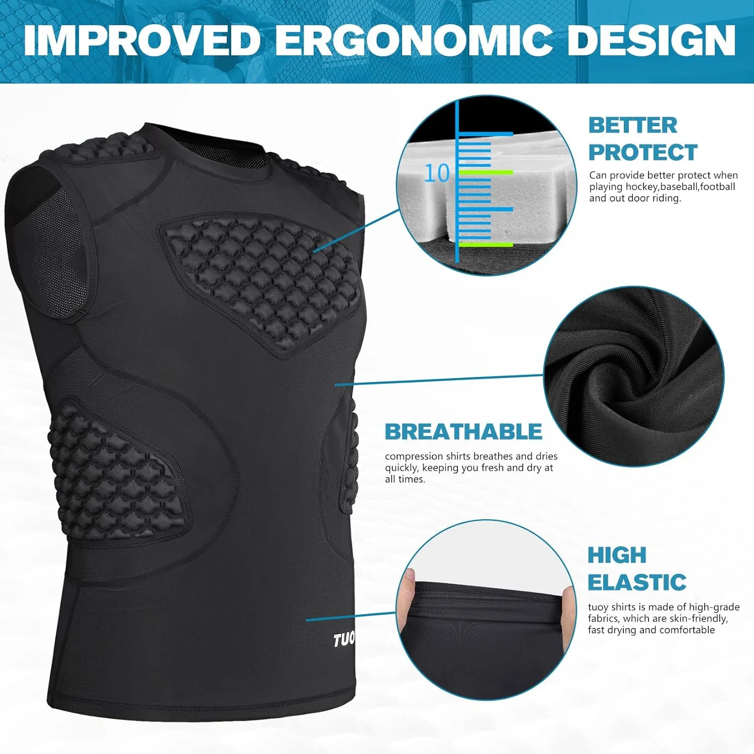 TUOY Adult Rib Chest Protector, New Version - Padded 5 Pads Baseball Football Lacrosse Rib Heart Sternum Guard