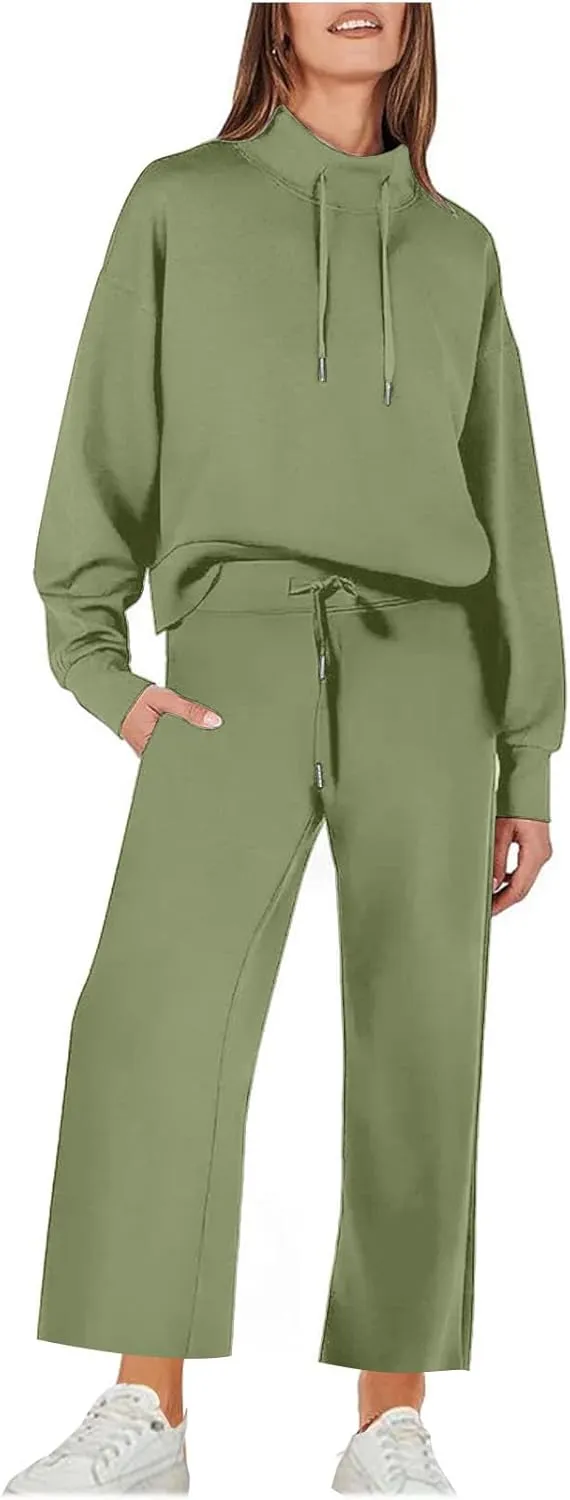 Two Piece Sets for Women Athletic Clothing Sets Fashion Casual Mock Neck Drawstring Sweatshirt Matching Sweatpants