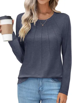 UEU Womens Long Sleeve Tops Crew Neck Casual Pleated Shirts Fashion Dressy Tunic Blouses 2025 Trendy Fall Clothes