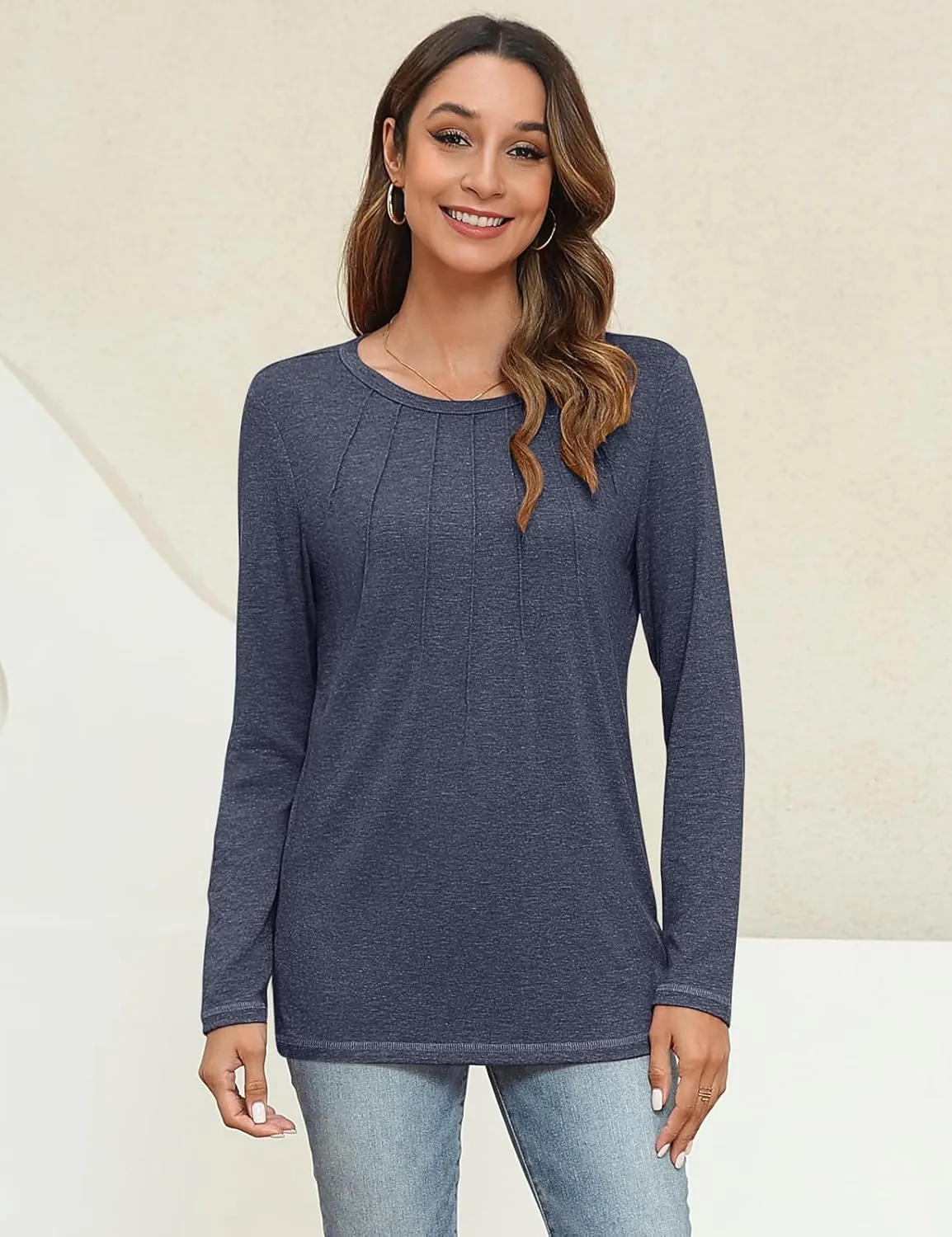 UEU Womens Long Sleeve Tops Crew Neck Casual Pleated Shirts Fashion Dressy Tunic Blouses 2025 Trendy Fall Clothes