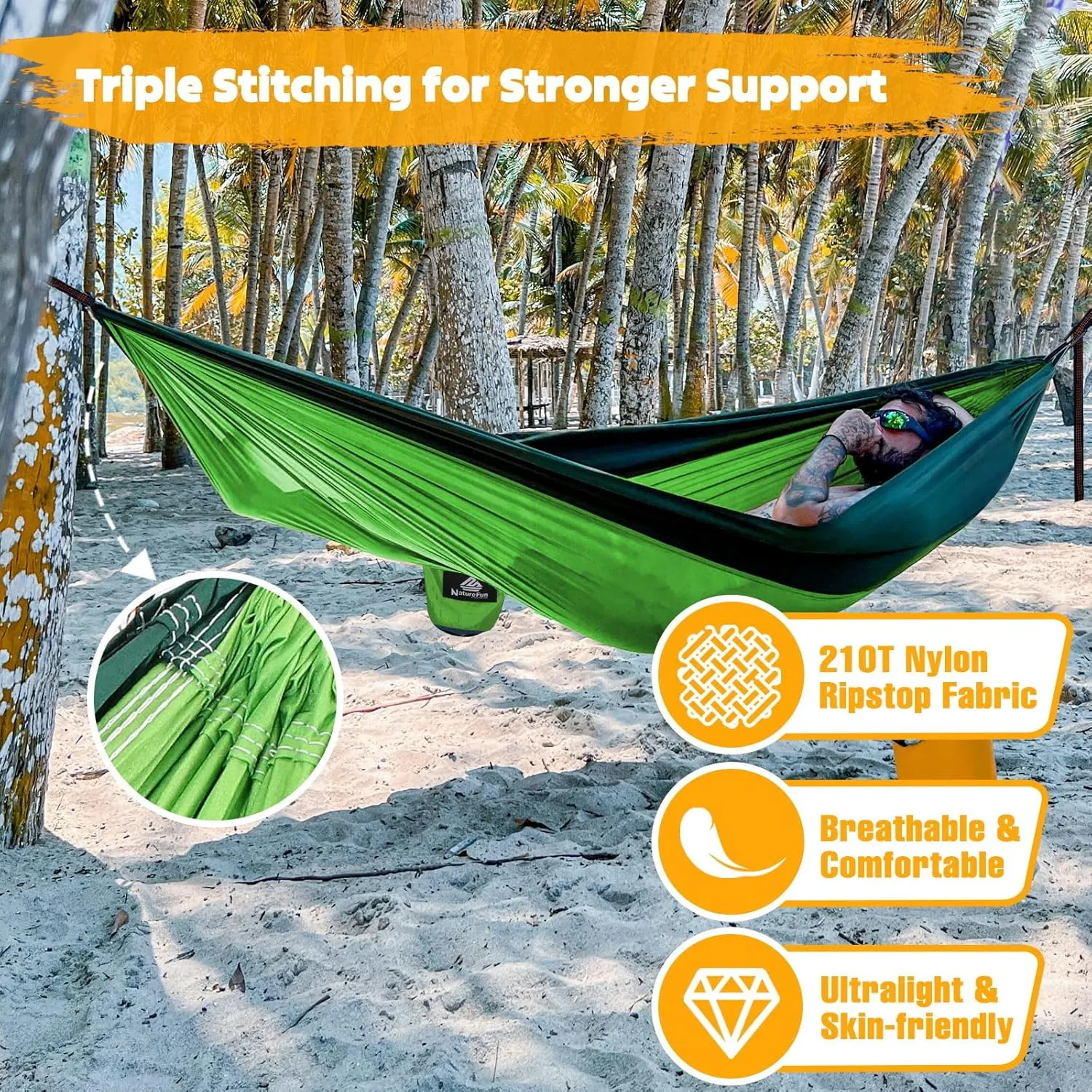 Ultra-Light Travel Camping Hammock | 300kg Load Capacity,(275 x 140 cm) Breathable,Quick-Drying Parachute Nylon | 2 x Premium Carabiners,2 x Nylon Slings Included | Outdoor Indoor Garden