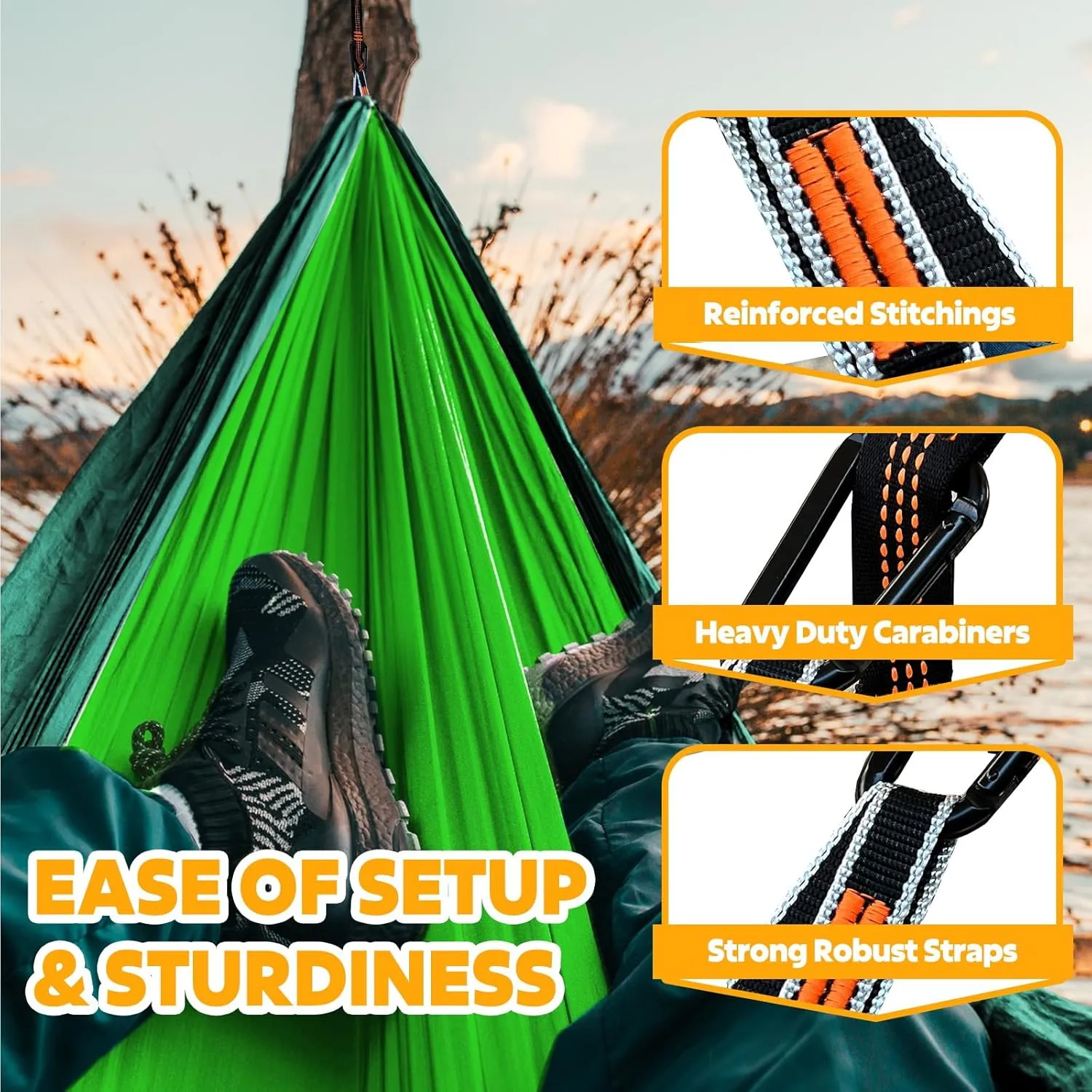 Ultra-Light Travel Camping Hammock | 300kg Load Capacity,(275 x 140 cm) Breathable,Quick-Drying Parachute Nylon | 2 x Premium Carabiners,2 x Nylon Slings Included | Outdoor Indoor Garden