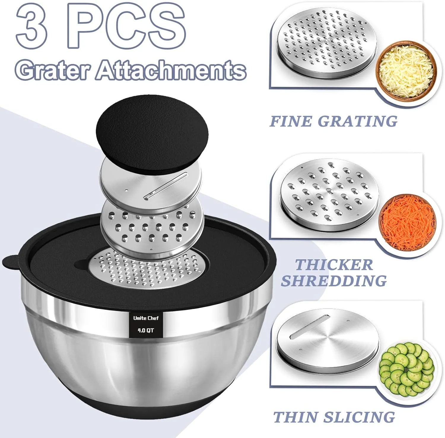 Umite Chef Mixing Bowls with Airtight Lids, 8PCS Stainless Steel Nesting Mixing Bowls Set, 3 Grater Attachments & Non-Slip Bottoms, Black Kitchen Bowls, Size 5, 4, 3.5, 2, 1.5QT for Baking & Serving