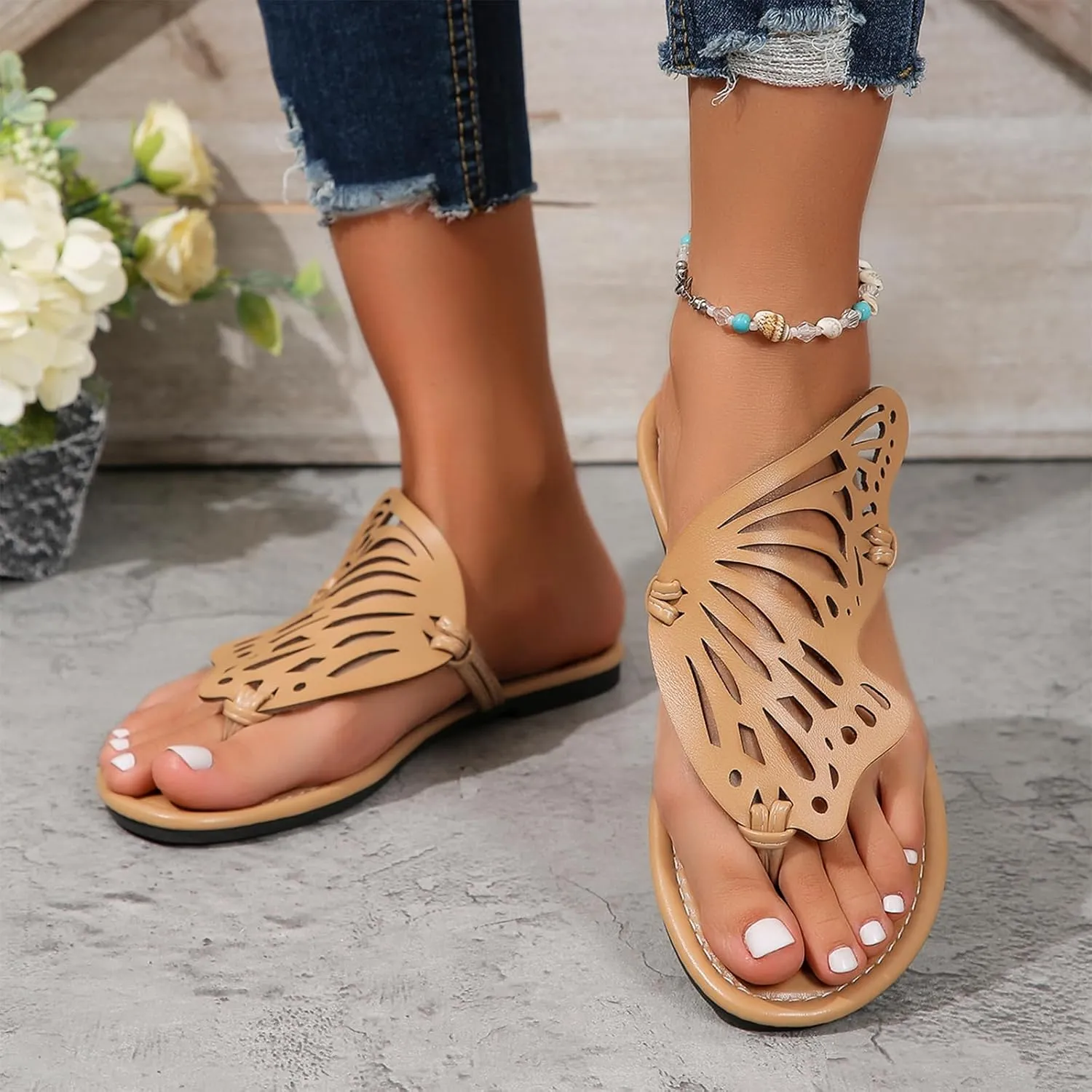 UTIKLIOU Women's Thong Flat Sandals Flip Flops Sandals Casual Slip on Comfortable Slide Sandals Butterfly Embroidered Summer Beach Dress Shoes